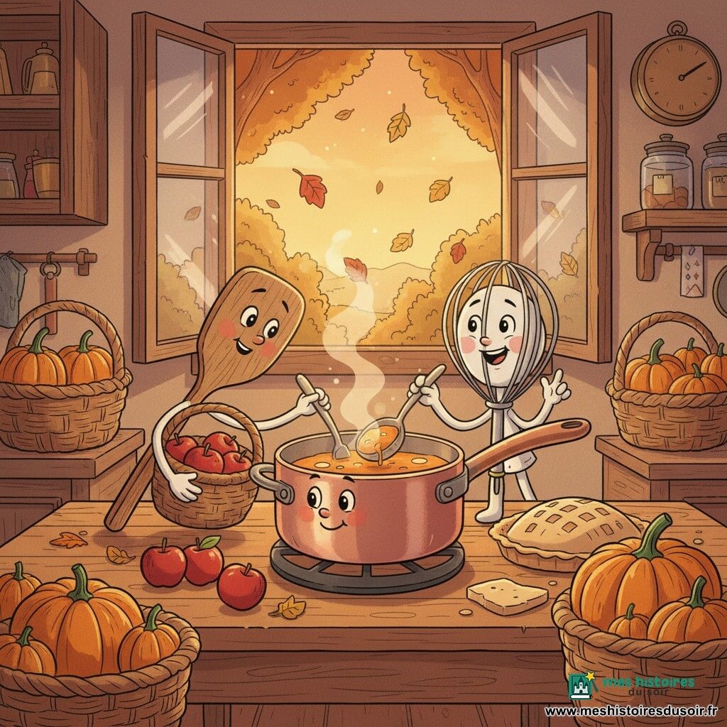 Cécile, une petite casserole en cuivre au sourire chaleureux et reflets rosés, bouillonne une soupe orange fumante sur une table en bois; à gauche, Simon la spatule en bois, émerveillé, tient un panier de petites pommes rouges et se penche vers la casserole; à droite, Flora le fouet argenté rit en agitant un morceau de pâte, parsemée de miettes de farine; la scène se déroule dans une cuisine rustique ouverte sur une clairière d’automne avec paniers de citrouilles, feuilles rouges et jaunes tombant par la fenêtre, lumière chaude du soir et palette oranges, rouges, ocres, cuivrés et touches de vert mousse; textures visibles du bois, du métal poli et de la pâte; situation principale : les trois amis cuisinent un festin d’automne après leur récolte, atmosphère joyeuse et paisible, composition centrée sur la casserole fumante, style clair et lisible pour enfants.