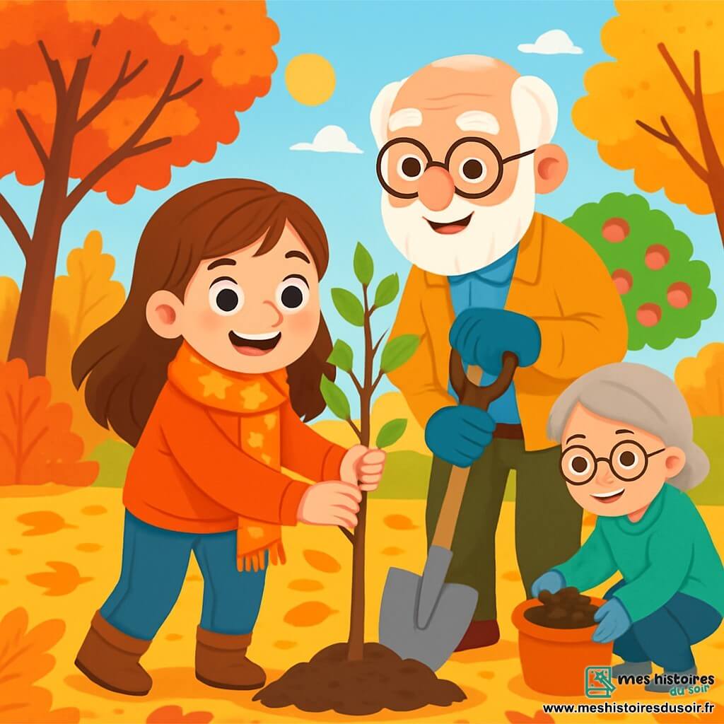 Une fille de 8 ans, avec de longs cheveux châtains et des yeux joyeux, plante un jeune arbre dans un jardin automnal. Elle porte un pull orange et une écharpe à motifs de feuilles, son visage exprime excitation et fierté. À ses côtés, son grand-père, un homme âgé avec une barbe blanche et des lunettes rondes, sourit en tenant une pelle. Sa grand-mère, aux cheveux gris, mélange du compost dans un seau, souriante. Le jardin est coloré avec des arbres aux feuilles rougeoyantes, un sol de feuilles croustillantes et un ciel bleu clair. Au fond, un verger de pommiers chargés de fruits ajoute de la couleur. La scène montre la fille et son grand-père plantant l'arbre, symbole d'amour et de connexion à la nature.