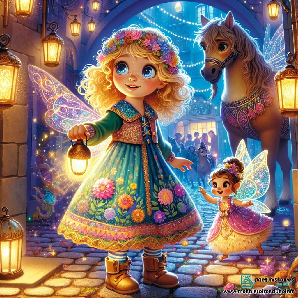 Éléonore, une fille de 8 ans aux boucles dorées et aux yeux curieux, se tient au centre de la scène avec un sourire émerveillé. Elle porte une robe colorée ornée de fleurs et tient une lampe de poche. À ses côtés, Lila, une petite fée aux ailes scintillantes et à la robe de pétales, vole joyeusement autour d'elle. Un peu plus loin, Orion, un grand centaure à la crinière brune, les observe avec un air protecteur. La scène se déroule dans la ville secrète de Mythopolis, un endroit magique sous un vieux bâtiment urbain, avec des lanternes colorées et des créatures fantastiques. Éléonore, Lila et Orion se préparent à entrer dans le sanctuaire du Cristal de l'Aurore Éternelle, où un cristal lumineux attend d'être ravivé, leurs visages reflétant l'excitation de leur mission magique.