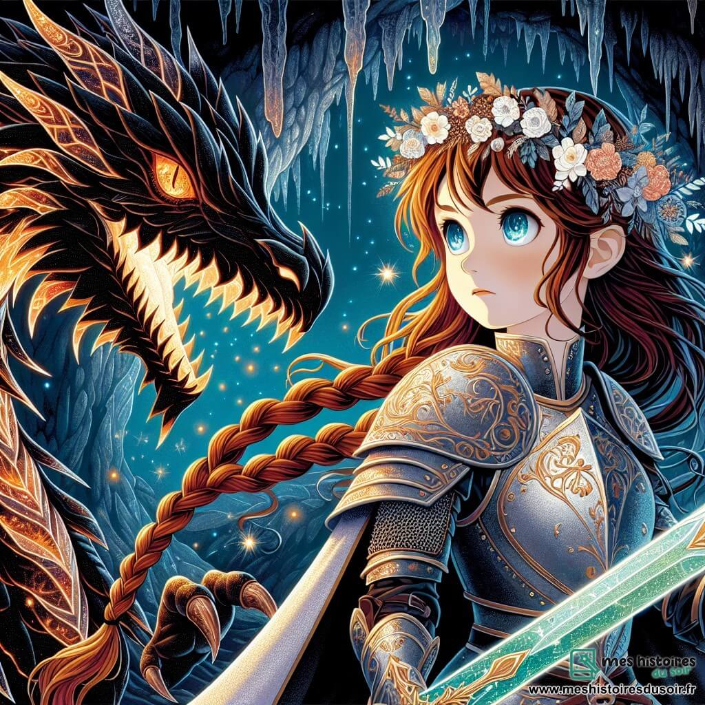 Au centre de l'image, Althéa, une jeune chevaleresse d'environ 20 ans avec de longs cheveux châtains tressés, se tient fièrement. Ses yeux bleu éclatant témoignent de sa détermination. Elle porte une armure ornée de motifs floraux et brandit l'épée scintillante de la Lueur d'Émeraude, prête à affronter le dragon. À ses côtés, Obsidian, le dragon noir, immense et menaçant, se prépare à attaquer, ses écailles brillantes et ses yeux enflammés fixés sur Althéa. En arrière-plan, la grotte sombre et mystérieuse est illuminée par la lumière de l'épée, créant un contraste avec l'obscurité. La scène illustre un affrontement épique entre Althéa et le dragon pour sauver son royaume.