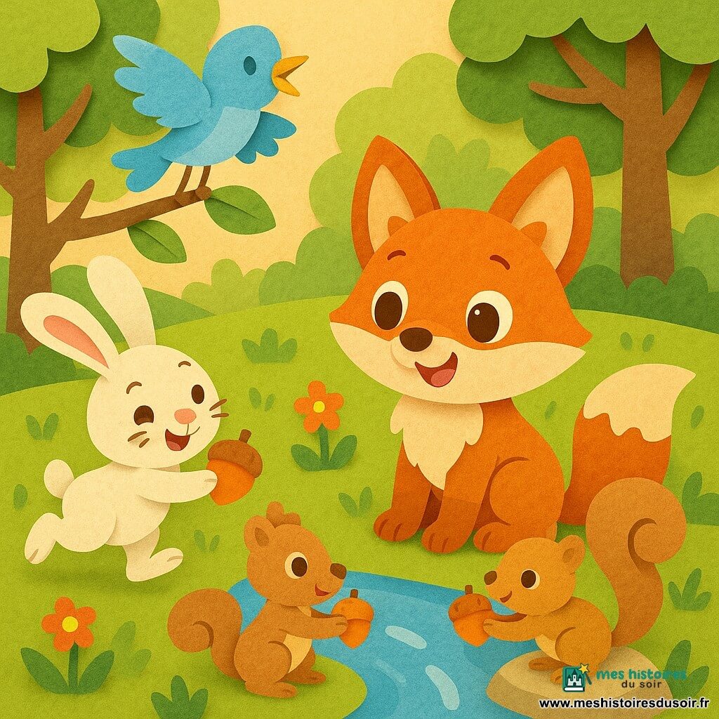Petit Renard, renard roux aux grandes oreilles et yeux brillants, pelage en couches de papier, assis au bord d’un ruisseau, souriant; Lapin blanc aux longues oreilles roses, malicieux et sautillant à gauche avec une noisette orange; Écureuil brun clair à grosse queue bouclée perché sur une pierre, tend une noisette; Oiseau bleu pastel perché sur une branche, chantant; clairière ensoleillée avec herbe et fleurs colorées, ruisseau bleu brillant, arbres découpés en papier; atmosphère chaleureuse et joyeuse, formes arrondies, couleurs vives, texture papier visible.