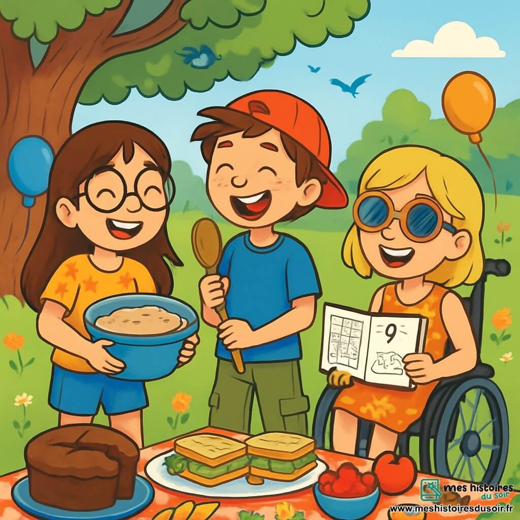 Il y a trois personnages : Zoé, une fille de 8 ans avec de longs cheveux bruns et des lunettes rondes, souriante avec un saladier de pâte à gâteau ; Tom, un garçon de 9 ans avec des cheveux châtains en bataille et une casquette rouge à l’envers, riant avec de la farine sur le nez et tenant une cuillère en bois ; et Lila, une fille de 8 ans en fauteuil roulant, avec des cheveux blonds et des lunettes de soleil, souriante avec un carnet de dessins et d'énigmes. L'action se déroule dans un parc verdoyant sous un grand chêne, avec une pelouse fleurie et une nappe à carreaux rouges remplie de nourriture. Ils préparent un pique-nique surprise pour la fête des pères, entourés de rires et de joie, avec un gâteau au chocolat en train de cuire à proximité.