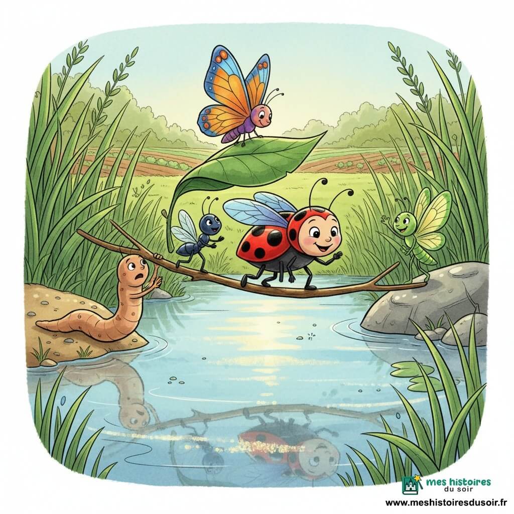 Lila, petite coccinelle rouge à pois noirs, souriante et fière, marche sur une brindille posée en pont au‑dessus d'une grande flaque; Léon, ver de terre brun clair, pousse la brindille depuis la rive, Zoé, fourmi noire minuscule, tient une grande feuille derrière Lila pendant qu'Oscar, papillon orange et bleu, se pose dessus pour stabiliser le tout, tandis qu'en arrière‑plan Jade, petit papillon vert, attend sur une pierre; scène matinale dans un jardin lumineux aux herbes hautes, pierres luisantes et eau miroir aux reflets dorés, instant de coopération joyeuse, couleurs vives et contours à l'encre.