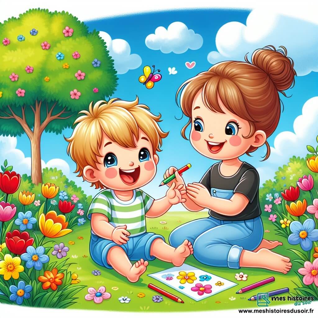 Un petit garçon de 1 an, avec des cheveux blonds en bataille et des yeux pétillants, est assis dans l'herbe du parc. Il sourit, ses joues rougissent de bonheur en touchant des fleurs colorées. Sa maman, une femme d'environ 30 ans avec des cheveux bruns en chignon, le regarde tendrement en tenant des crayons de couleur. Le parc est rempli de fleurs éclatantes sous un ciel bleu avec des nuages blancs. Un grand arbre leur offre une ombre douce. Le garçon dessine des fleurs et des papillons sur une feuille, encouragé par le regard aimant de sa maman.