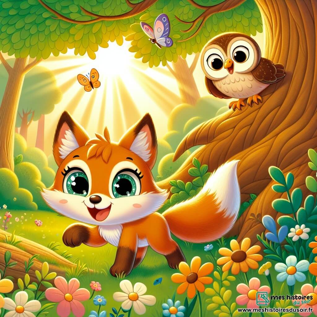 Un petit renard orange nommé Roxy court autour d'un vieil arbre majestueux, affichant un grand sourire. À proximité, un hibou brun nommé Hugo est perché sur une branche, riant tendrement. La scène se déroule dans une forêt enchantée, baignée de lumière dorée, où des papillons dansent autour d'eux. Roxy et Hugo jouent à cache-cache, l'amitié entre eux rayonnant dans cette scène joyeuse.