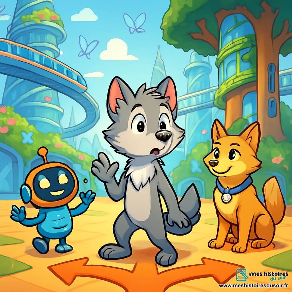 Loupio, un jeune loup au pelage argenté et aux yeux curieux, se tient au centre, émerveillé, hésitant entre plusieurs chemins. Ses oreilles sont dressées et sa queue frétillante montre son excitation. À sa gauche, un petit robot-guide coloré et souriant danse joyeusement, prêt à l'accompagner. À sa droite, une louve dorée, avec un regard déterminé et un badge scintillant, l'observe avec un sourire encourageant. Le décor est une grande place de Lumina 3000, entourée de tours en verre et en métal, avec des jardins suspendus de fleurs luminescentes. Loupio doit choisir entre le monorail, l'ascenseur végétal et les petits robots-guides dansants pour commencer son aventure dans cette cité futuriste.