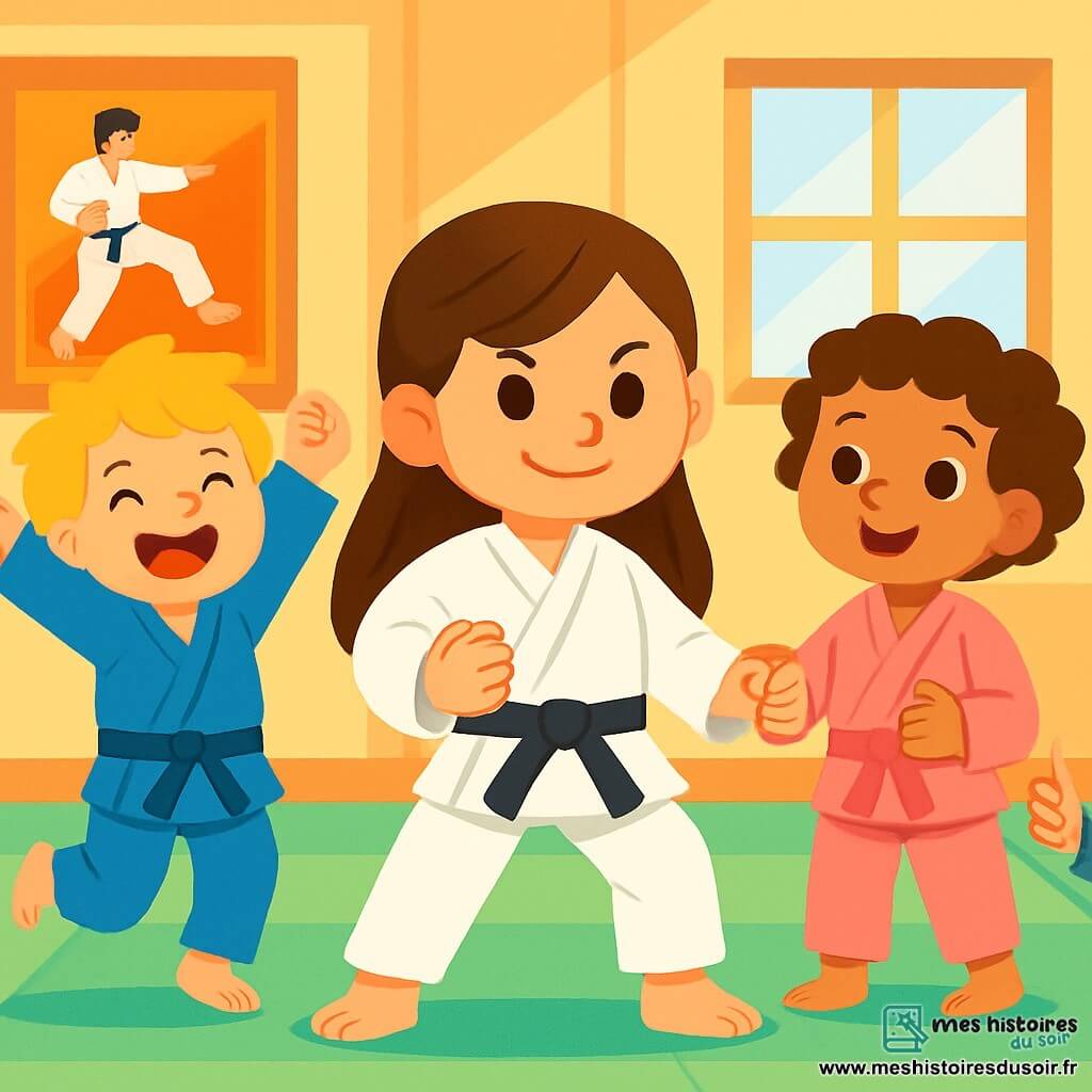 Quatre enfants s'entraînent dans une salle de karaté lumineuse avec des tatamis verts. Zoé, 8 ans, au centre, porte un kimono blanc et sourit avec détermination. À gauche, Léo, 9 ans, en kimono bleu, saute de joie. À droite, Jade, 8 ans, en kimono rose, tient la main de Zoé avec un regard encourageant. Tom, 9 ans, en kimono vert et lunettes, fait un geste de soutien en arrière. Maxime, le champion, les encourage pendant que Zoé exécute un mouvement de karaté, entourée de ses amis qui l'applaudissent.