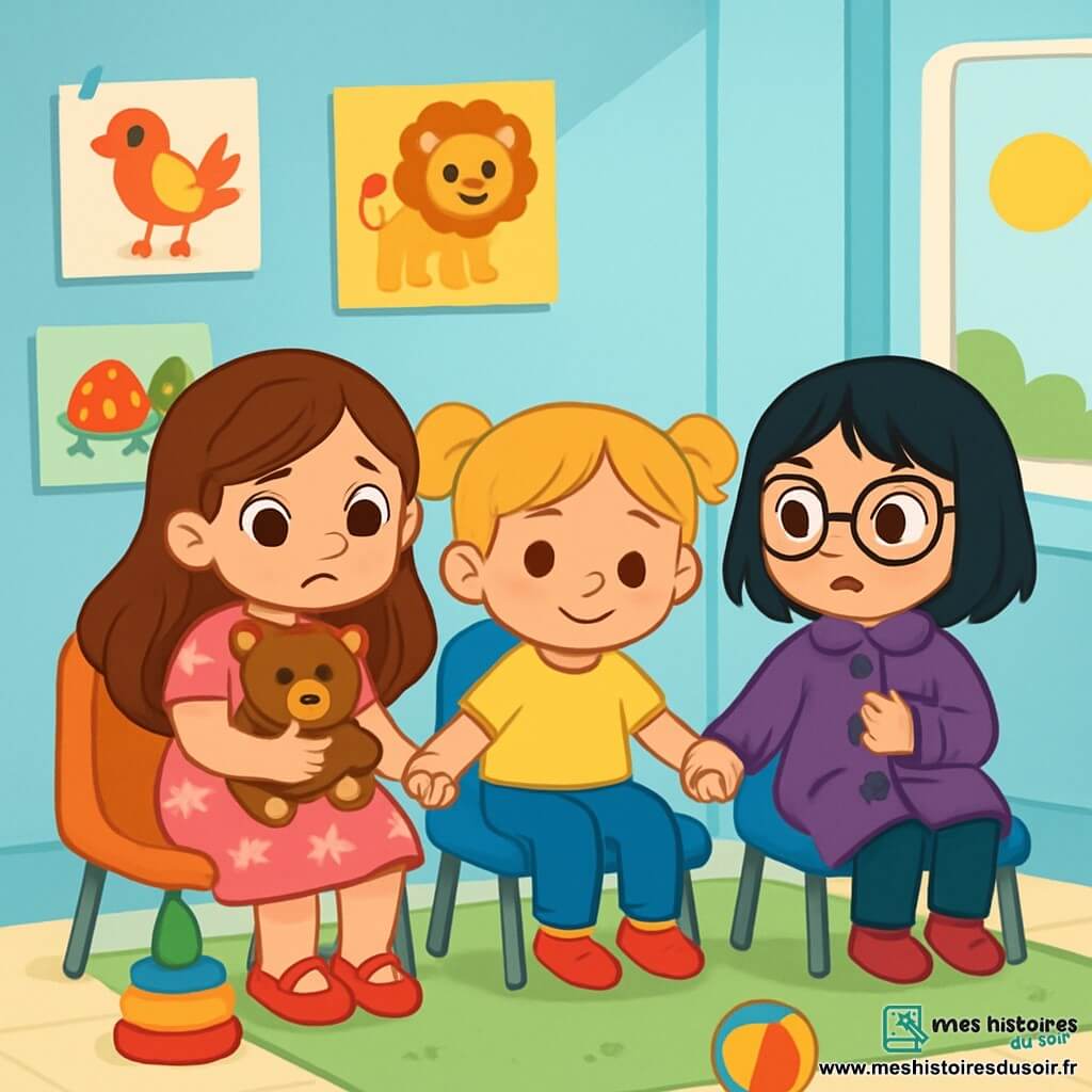 Il y a trois personnages : Sofia, une petite fille de 5 ans avec de longs cheveux bruns, des yeux pétillants et une robe rose à fleurs, qui serre son nounours sur une chaise ; Mila, une petite fille de 4 ans avec des cheveux blonds en couettes, un t-shirt jaune et un pantalon bleu, qui regarde ses chaussures à côté de Sofia ; et Jade, une petite fille de 5 ans avec des cheveux noirs, des lunettes rondes et un manteau violet, qui joue avec les boutons de son manteau. Le lieu est une salle d'attente lumineuse avec des murs bleu clair, des dessins d'animaux colorés, des chaises en plastique confortables et des jouets sur un tapis moelleux. Une grande fenêtre laisse entrer la lumière du soleil. Les trois amies se tiennent la main, affichant un mélange de peur et de courage en attendant leur tour pour voir le docteur.