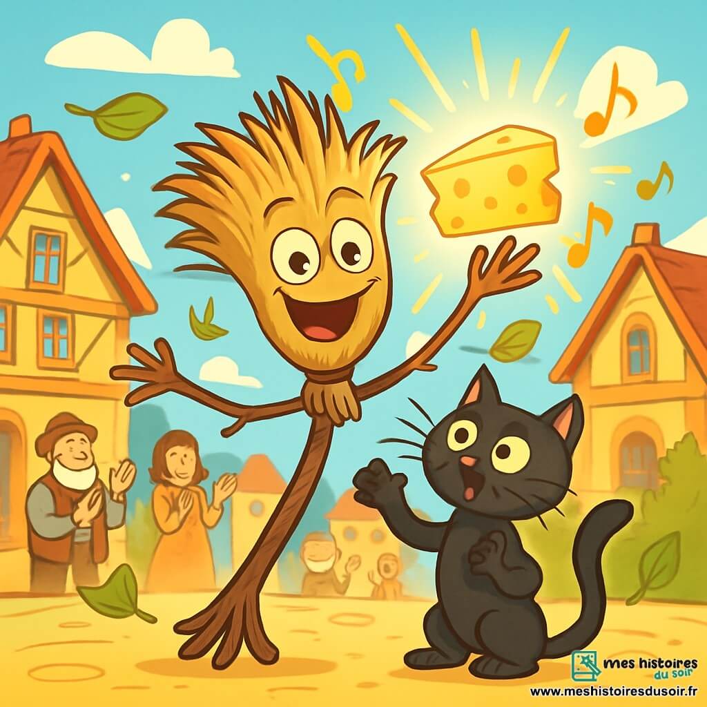 Baluchon, un balai aux poils ébouriffés et à la poignée tordue, se tient fièrement au centre de la scène, ses yeux pétillants d'excitation et un grand sourire. Il agite ses bras fins en brindille, tenant un fromage magique brillant qui chante joyeusement. À ses côtés, Chatouille, un chat noir aux yeux malicieux, regarde le fromage avec curiosité, ses pattes avant levées comme s'il voulait l'attraper. En arrière-plan, la place centrale du village de Poussière-sur-Plume est animée, entourée de maisons colorées et de villageois souriants qui applaudissent. Baluchon célèbre sa victoire après avoir retrouvé le fromage magique, tandis que des éclats de lumière et des notes de musique flottent autour d'eux, créant une ambiance festive.