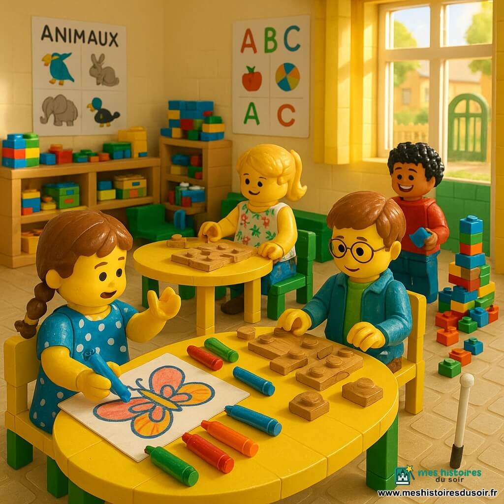 Quatre enfants de 6 ans dans une grande salle de maternelle lumineuse reconstituée en briques : Léa, petite aux tresses brunes en robe bleue à pois, est assise à gauche et colorie un grand papillon avec un feutre bleu tandis qu'elle refuse doucement qu'un autre enfant prenne tous les feutres ; Samir, aux cheveux bouclés noirs en sweat rouge, est debout à droite près d'une tour de blocs renversée et tend une brique pour la reconstruire ; Jade, blonde en queue-de-cheval en robe fleurie, est au centre et assemble un puzzle en bois ; Paul, cheveux châtains courts et lunettes fines, assis à côté de Jade, cherche une pièce de puzzle, une petite canne blanche posée à côté de sa chaise. Lieu chaleureux et coloré : sol en lino clair, grandes fenêtres laissant entrer un rayon de soleil, étagères basses avec jeux et blocs, tables et bancs colorés, posters au mur, ambiance calme et positive, gestes de partage et couleurs vives.