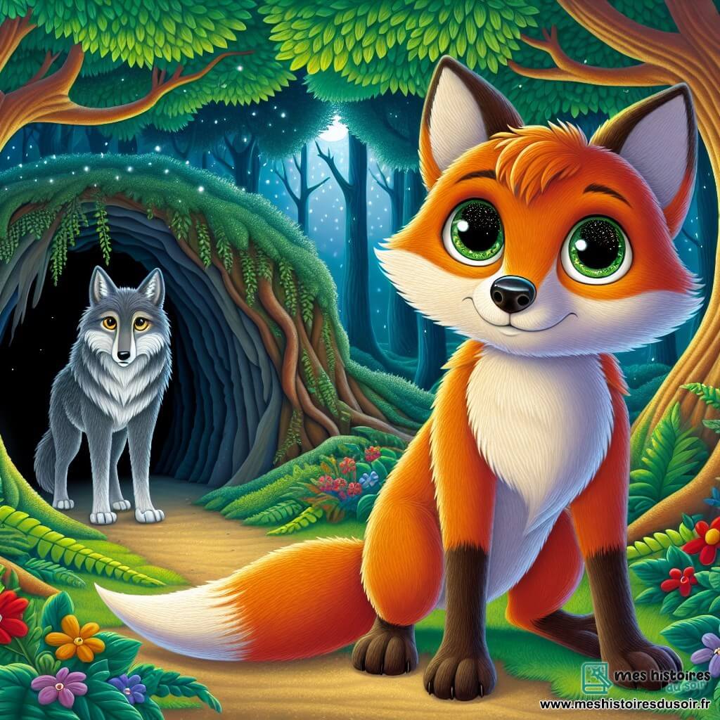 Un jeune renard nommé Félix, au pelage orange vif et aux yeux curieux, se tient courageusement devant une caverne sombre, avec une expression déterminée et un léger sourire. À ses côtés, un grand loup au pelage gris argenté, aux yeux tristes mais pleins d'espoir, l'observe, ses oreilles légèrement abaissées. La scène se déroule dans une forêt enchantée avec des arbres majestueux et des fleurs colorées. Félix, prêt à parler au loup, symbolise le début d'une amitié inattendue et d'une transformation.