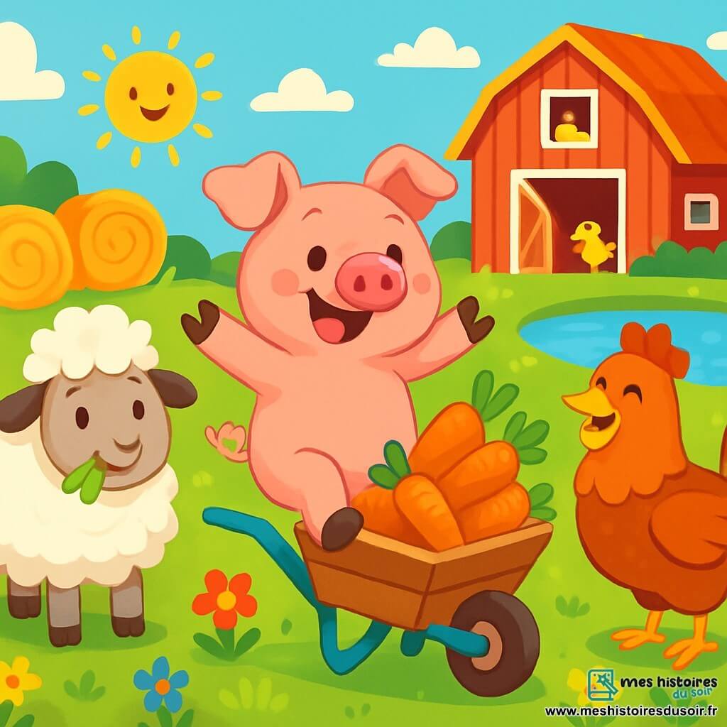 Un cochon rose et souriant, Gustave, se tient au centre de la scène, prêt à sauter dans une brouette pleine de carottes. À sa droite, Paulette, une poule rousse, l'observe avec amusement, tandis qu'à gauche, Marcel, un mouton blanc, mâchonne de l'herbe avec un sourire. La scène se déroule à la Ferme Rigolote, ensoleillée et colorée, avec une grange rouge en arrière-plan. Gustave s'élance joyeusement, encouragé par les autres animaux, créant une atmosphère de joie et de camaraderie.