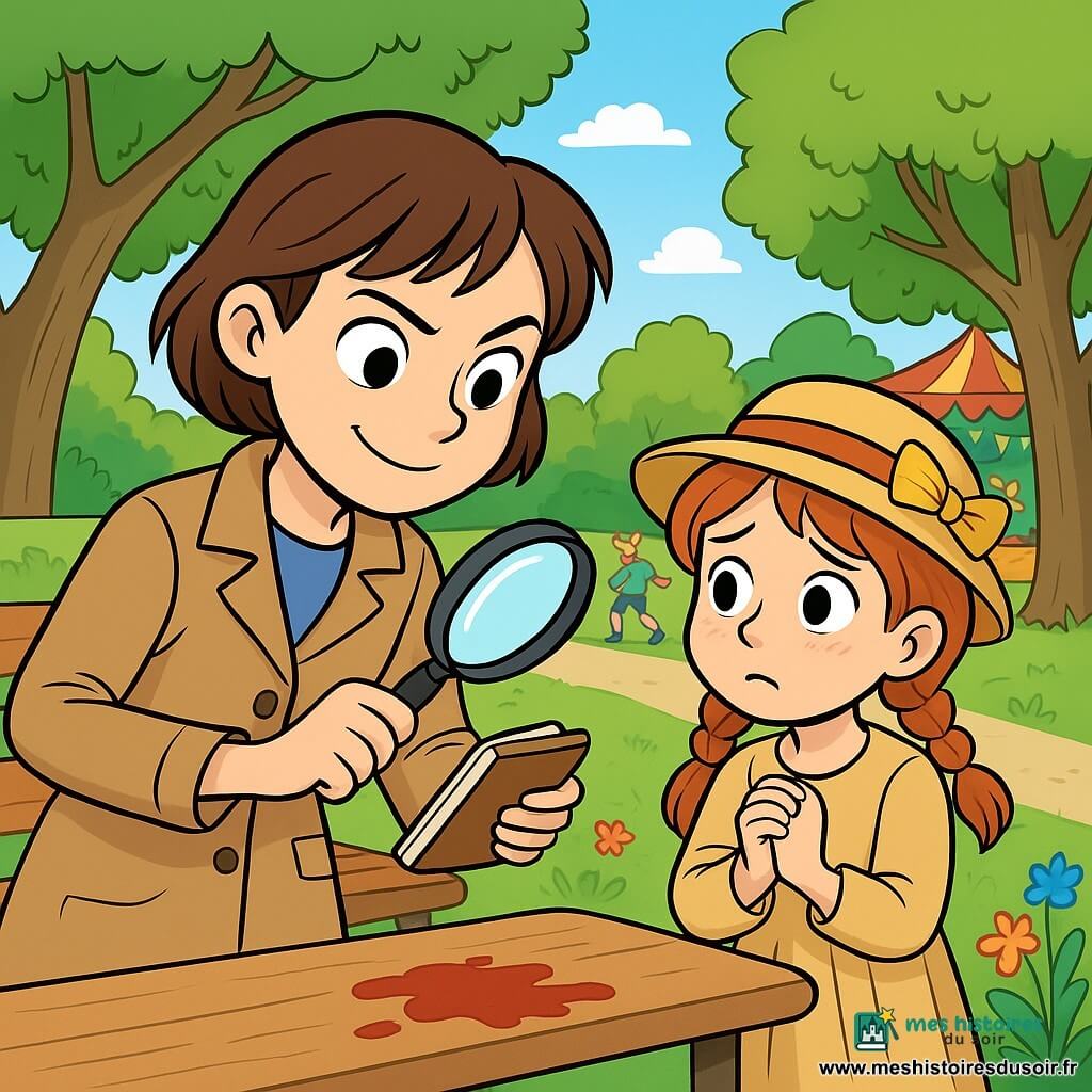 Léna, une jeune détective aux cheveux bruns, tient une loupe et un carnet marron. Elle observe une tache rouge sur une table en bois avec un regard déterminé et un léger sourire. À ses côtés, Zoé, une petite fille rousse de 8 ans avec un chapeau à ruban doré, semble nerveuse en regardant Léna avec espoir. Le parc des Platanes est verdoyant, avec de grands arbres, des bancs en bois et des fleurs colorées. Au loin, un chat se prélasse pendant que des enfants jouent près d'un stand de kermesse. Léna enquête sur la tache rouge, tandis que Zoé, anxieuse, lui parle de sa surprise pour la kermesse.