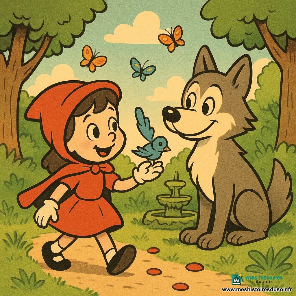 Le Petit Chaperon Rouge, une fillette joyeuse avec une cape rouge vif et des yeux pétillants, marche avec curiosité sur un sentier de forêt. À ses côtés, un Loup aux yeux sages et au pelage doux, se tient calmement, observant la fillette avec bienveillance. Ils sont entourés d'une clairière lumineuse, où des papillons colorés dansent autour d'une vieille fontaine moussue. Le sentier est parsemé de petites pierres rouges brillantes, et des arbres majestueux encadrent la scène, leurs feuilles chuchotant au vent. La situation principale montre le Petit Chaperon Rouge en train de tendre une plume à une mésange, un sourire émerveillé sur son visage, tandis que le Loup observe avec un air approbateur.