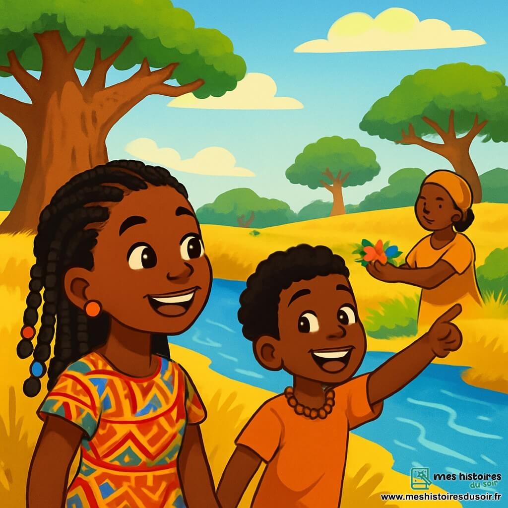 Amara, une jeune femme aux cheveux tressés ornés de perles colorées, se tient au bord d'une rivière scintillante, son visage rayonnant de curiosité et de joie. Elle porte une robe en tissu africain aux motifs vibrants et écoute le chant de l'eau. À ses côtés, Kofi, un garçon de dix ans au sourire éclatant, pointe un grand baobab, les bras ouverts. Plus loin, Mama Omi, une femme d'âge mûr à la peau dorée, se tient près de la rivière avec des fleurs qu'elle offre à l'eau, l'air serein. Le paysage africain est magnifique, avec des arbres majestueux, des herbes dorées et un ciel bleu parsemé de nuages blancs. La rivière serpente à travers le décor, créant des reflets scintillants. Amara écoute attentivement le murmure de la rivière, entourée de ses amis, célébrant la beauté de la nature et partageant des rires dans une atmosphère de joie et d'harmonie.