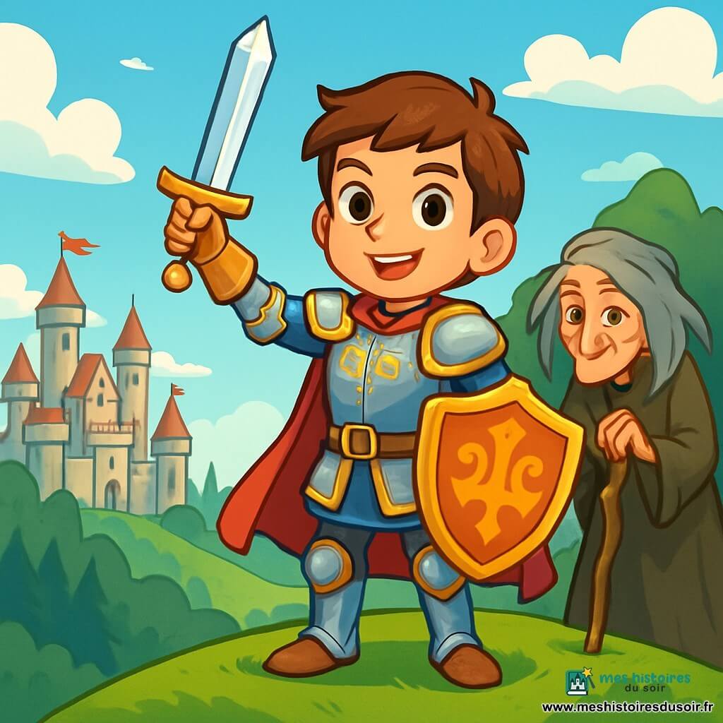 Un jeune chevalier nommé Léon, âgé de 12 ans, se tient au sommet d'une colline verdoyante, vêtu d'une armure brillante et ornée de motifs dorés. Son visage exprime détermination et bravoure, avec des yeux étincelants et un sourire confiant. Il brandit une épée scintillante et un bouclier décoré, prêt à affronter des défis. À ses côtés, une vieille sorcière au visage ridé et aux cheveux gris l'observe avec bienveillance, tenant une canne en bois. En arrière-plan, une grande cité médiévale se dresse, avec des tours et des drapeaux au vent, sous un ciel bleu parsemé de nuages blancs et face à une forêt enchantée. Léon est prêt à partir à l'aventure vers le tournoi de chevalerie, déterminé à prouver sa valeur.
