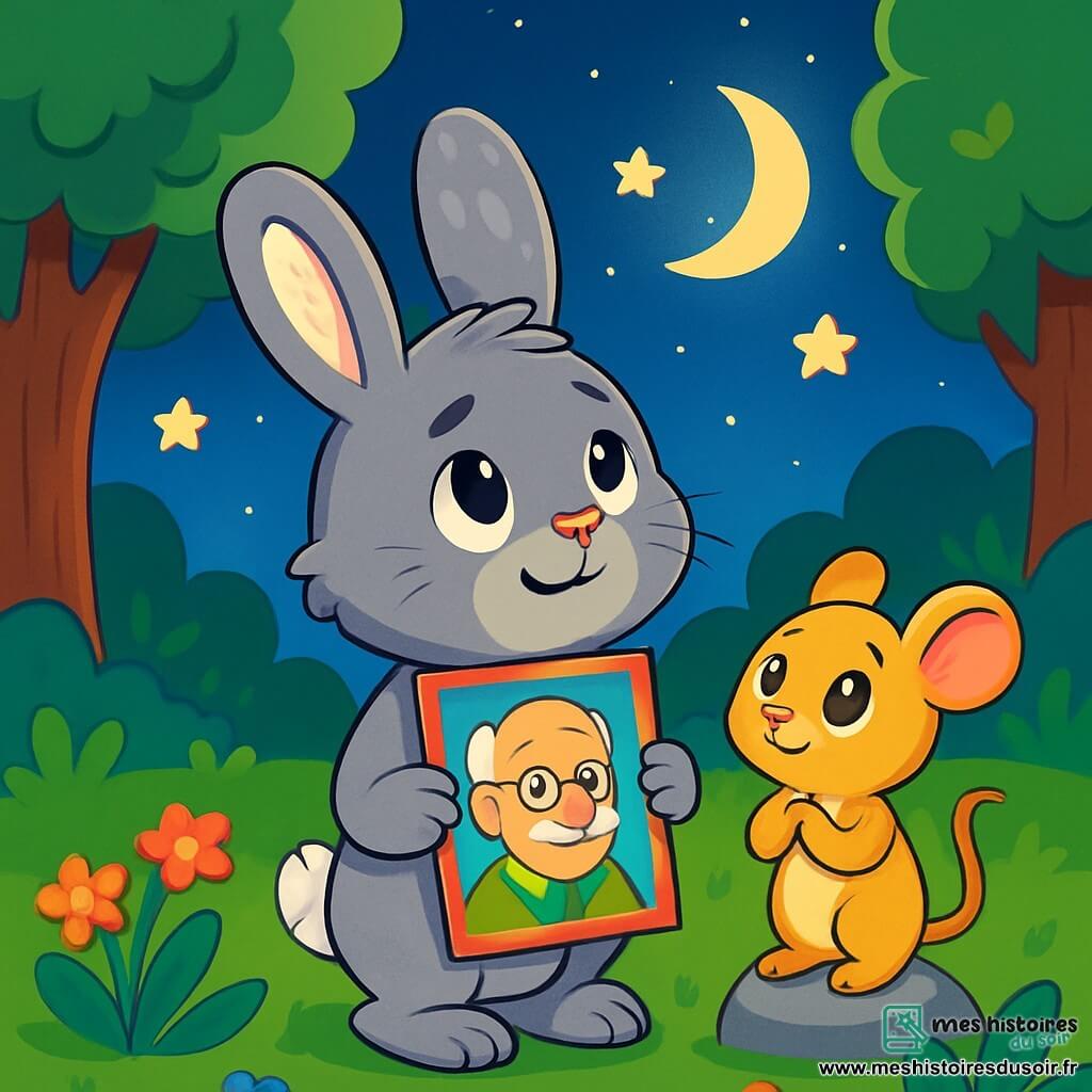 Léon, un jeune lapin à la fourrure grise et aux oreilles blanches, se tient au centre de la clairière, regardant le ciel étoilé avec un sourire mélancolique, tenant un dessin de son grand-père. À ses côtés, Lili, une petite souris dorée, l'observe avec empathie, prête à l'encourager. La clairière, entourée d'arbres majestueux et de fleurs colorées, est illuminée par la lune. Léon et Lili se rassemblent avec d'autres animaux pour se souvenir du grand-père de Léon, partageant des histoires et des rires sous les étoiles, créant un moment de réconfort et de célébration.