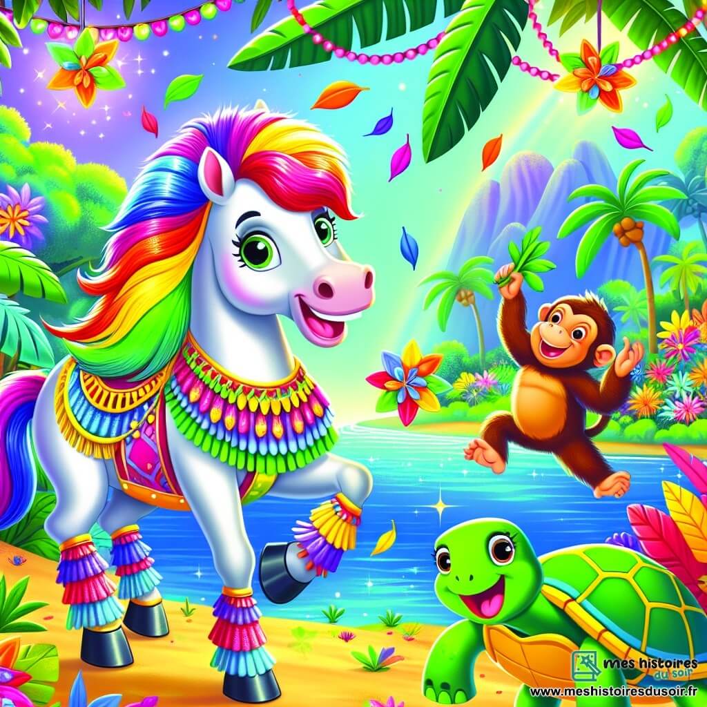 Un cheval nommé Pépito, avec une crinière multicolore et un sourire joyeux, danse dans une jungle vibrante, tandis qu'une tortue nommée Tina applaudit et qu'un singe nommé Bernard rit en essayant d'attraper des morceaux de carotte. En arrière-plan, un éléphant nommé Gérald utilise sa trompe pour faire tomber des feuilles. La scène se déroule près d'une rivière scintillante, entourée de plantes tropicales et de fleurs colorées, où tous les animaux se rassemblent autour d'une énorme carotte, célébrant la joie et l'amitié dans une danse animée.