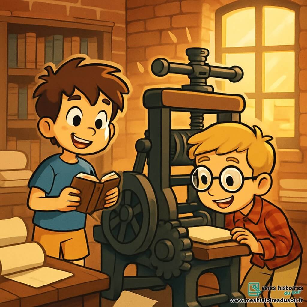 Léo et Max, deux garçons de 9 ans, explorent une vieille imprimerie. Léo a des cheveux bruns en bataille, porte un t-shirt bleu et un short jaune, tandis que Max a des cheveux blonds, des lunettes rondes, une chemise à carreaux rouge et un pantalon beige. Ils découvrent la magie de l'imprimerie, entourés de livres anciens et d'une grande presse en bois. Leur projet de collecte de témoignages les plonge dans l'excitation, illuminée par des éclats de lumière.