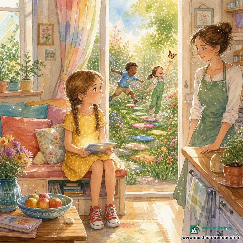 Une fillette de 8 ans, joyeuse mais pensive, cheveux châtain clair en deux nattes, vêtue d'une robe jaune à pois blancs et de baskets rouges, tient une tablette sur les genoux et regarde vers le jardin ; sa mère d'environ 35 ans, souriante et rassurante, cheveux bruns en chignon et tablier vert, se tient dans la cuisine derrière elle, main posée sur la table, regard bienveillant ; dehors, deux amis d'environ 8 ans (un garçon en t‑shirt bleu sautant sur des pierres peintes et une fille en salopette verte attrapant un papillon) rient à quelques mètres de la fenêtre ; la scène se déroule dans un salon lumineux ouvrant sur un jardin fleuri, lumière chaude du matin, rideaux pastel, coussins colorés, plantes sur le rebord et une table basse avec un bol de fruits ; situation principale : la fillette hésite entre la tablette et rejoindre ses amis, composition centrée sur elle au seuil entre intérieur calme et jardin vivant, palette aquarelle douce avec accents blancs sur reflets et fleurs.