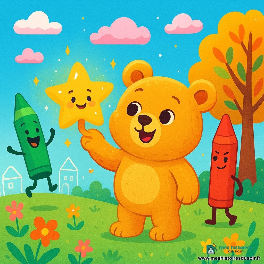 Un ours en peluche nommé Miel-Oui, aux poils doux et dorés, sourit en touchant une étoile brillante qui danse dans sa patte. L'étoile, scintillante, semble heureuse. Autour d'eux, un crayon vert joyeux fait des sauts, tandis qu'un crayon rouge, amusé, raconte une blague à un arbre aux feuilles colorées qui applaudissent. Le décor est un parc enchanté avec des maisons dessinées à la craie et des fleurs colorées sous un ciel bleu avec des nuages en forme de bonbons. La scène montre Miel-Oui touchant l'étoile collée à un nuage rose, entouré de paillettes, créant une atmosphère magique et joyeuse.