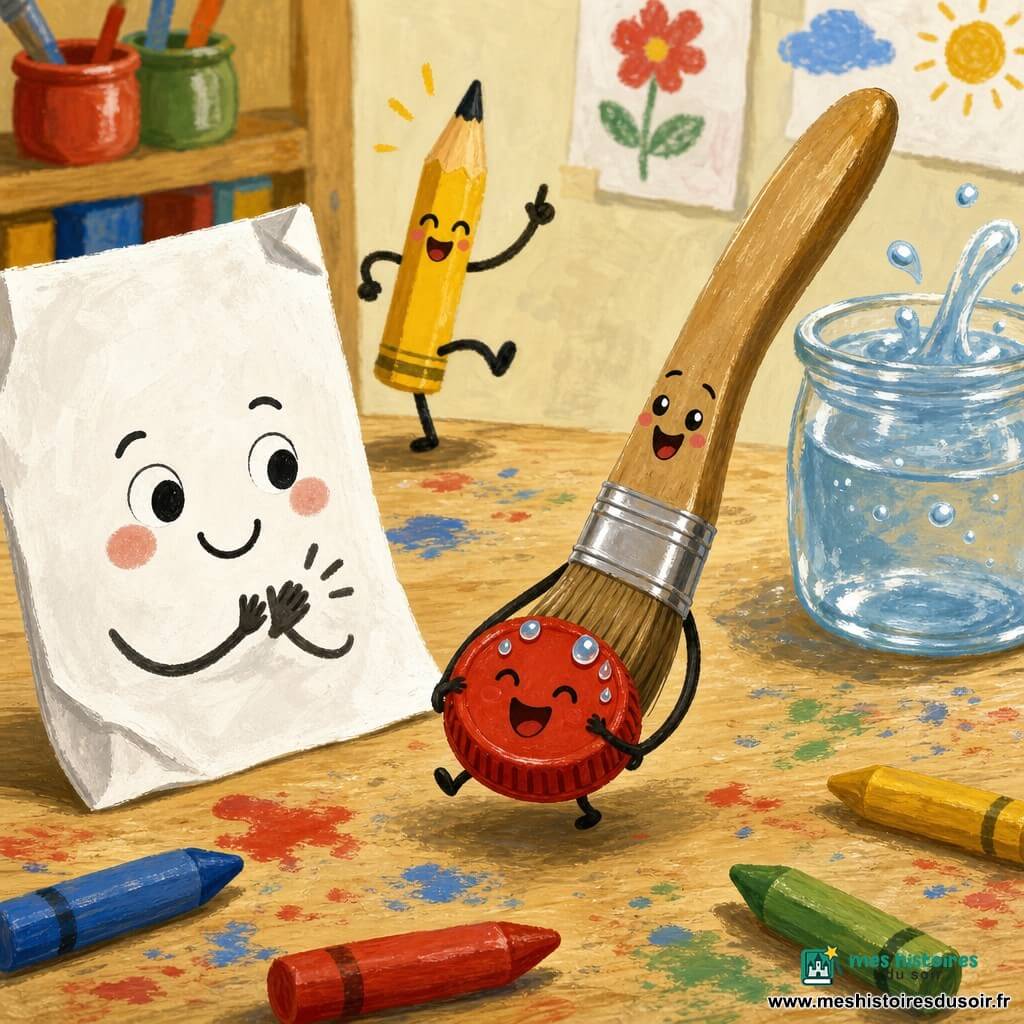 Pinceau, un pinceau en bois au visage souriant, penche vers l’avant et tient délicatement Petit Bouchon, une petite capsule rouge mouillée qui rit ; Feuille, une grande feuille blanche malicieuse à gauche, applaudit doucement pendant que Crayon, un crayon jaune, danse sur une jambe à l’arrière-plan ; la scène se déroule sur une table d’atelier tachée de peinture avec un pot d’eau bouillonnant : Pinceau a suivi une trace rouge jusqu’au pot et vient de récupérer Petit Bouchon, tout le monde est ravi.