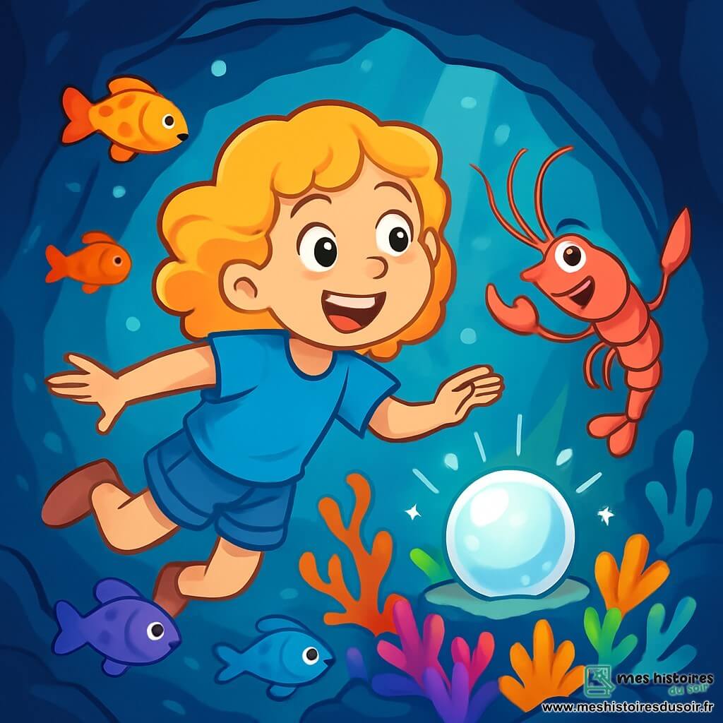 Zoé, une fille de 10 ans aux cheveux blonds et bouclés, porte un t-shirt bleu et un short en jean. Elle nage avec enthousiasme dans une grotte sous-marine illuminée, entourée de poissons multicolores. À ses côtés, Rubis, une petite crevette géante à la carapace rose, lui fait signe. La grotte est magique, avec des coraux fluorescents et une lumière argentée autour de la Perle d’Argent. Zoé, émerveillée, découvre la grotte et se prépare à résoudre l'énigme du labyrinthe bleu pour sauver le Royaume de Coralina.