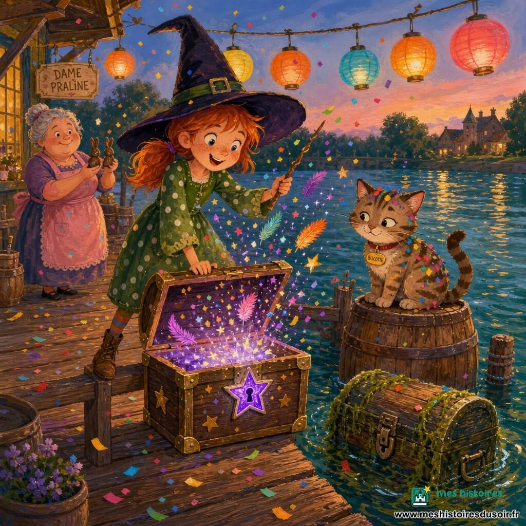 Capucine, apprentie sorcière de 9 ans, roux en couettes, chapeau pointu trop grand et robe verte à pois, souriante et émerveillée, tient une baguette tordue debout sur une barrière en bois tandis qu’elle ouvre doucement un coffre étoilé sur le quai; une serrure en forme d’étoile s’illumine violet et des paillettes et plumes multicolores s’envolent dans une ambiance festive et magique au soir, eau scintillante vert-bleu et planches usées visibles; à droite le chat Biscotte, rayé beige et brun couvert de confettis, est assis sur un tonneau en regardant le coffre flottant, et au fond à gauche Dame Praline, femme ronde d’environ 50 ans aux cheveux gris en chignon et tablier rose, tient deux petites pattes en chocolat.