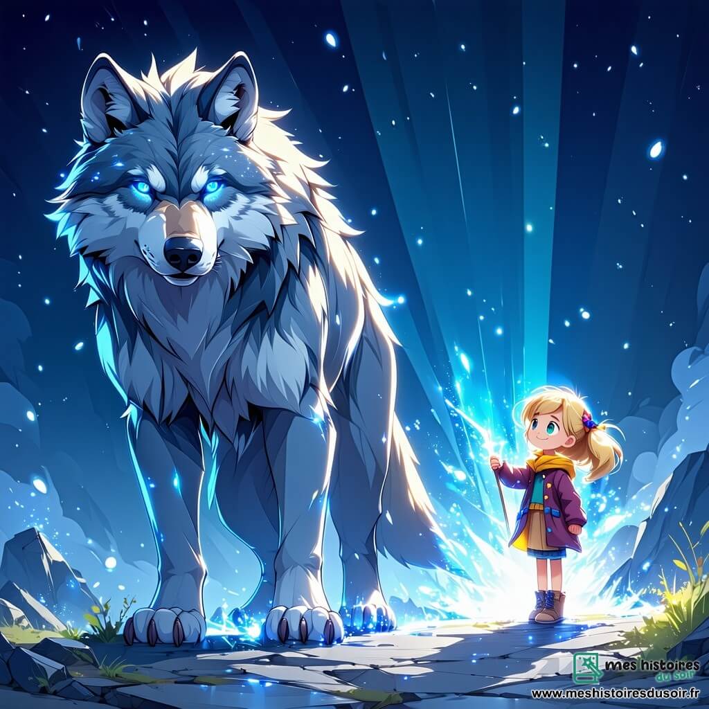 Au centre de l'image, un loup-garou au pelage argenté et aux yeux bleu saphir se tient sur ses pattes arrière, prêt à défendre ses amis avec une expression courageuse. À ses côtés, Lila, une jeune fille de dix ans aux cheveux dorés et aux yeux verts, tient une Fleur de Lune scintillante, souriante. En arrière-plan, une tortue géante, Tortuga, observe la scène avec sagesse. Le décor est un marais enchanté sous la lumière de la pleine lune, avec des arbres noueux et des fleurs luminescentes. Lila lève la Fleur de Lune vers le ciel tandis que Théo, le loup-garou, se prépare à défendre son amie contre une ombre menaçante, symbolisant la victoire sur l'obscurité.