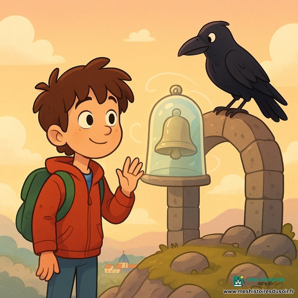 Léo, garçon de 8 ans aux cheveux bruns en bataille, veste rouge usée et sac à dos vert, se tient émerveillé près d'une cloche translucide posée sur une arche de pierre, main levée pour écouter son vibration, une plume bleue de Ninon dépasse de la poche, tandis que Corbin le corbeau noir au regard malicieux est perché sur l'arche et semble lui parler; au sommet rond de la montagne les pierres claires scintillent au-dessus des nuages, un village miniature bleu et ocre se devine en contrebas et la scène baigne dans une douce lumière dorée d'aube, tons chauds et contours arrondis pour une atmosphère calme et magique.