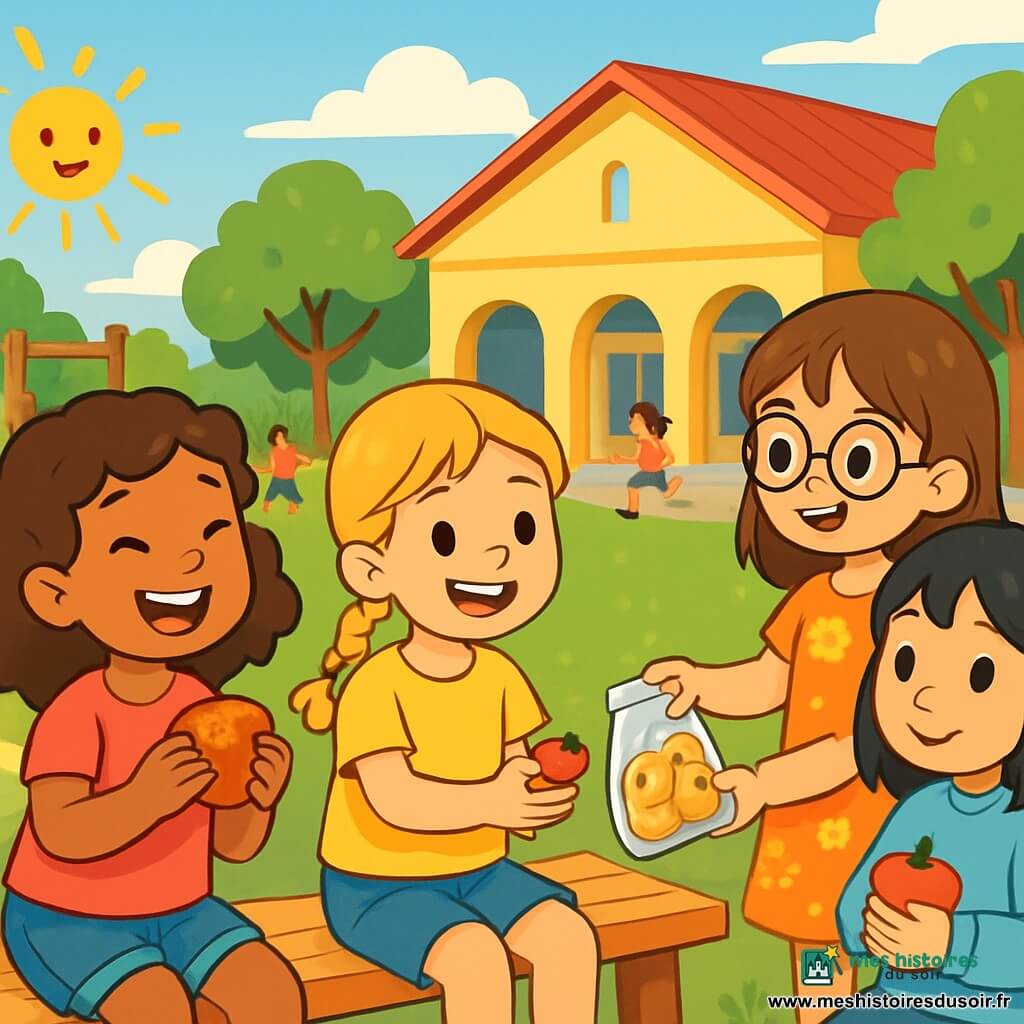 Quatre enfants sont réunis : Jade, 8 ans, cheveux bruns et bouclés, sourit en tenant une brioche au chocolat ; Maëlle, 8 ans, cheveux blonds tressés, partage des fraises sur un banc ; Lila, 8 ans, cheveux châtains et lunettes rondes, tend un sachet de biscuits à Emma ; Emma, 8 ans, cheveux noirs et lisses, assise sur le banc, tient une petite pomme avec un regard timide mais heureux. La scène se déroule dans la cour de récréation d'une école, avec des arbres, un préau coloré et des jeux en bois, sous un soleil éclatant. Les quatre amies partagent un goûter, riant et s'amusant, créant un moment de complicité et de bonheur.
