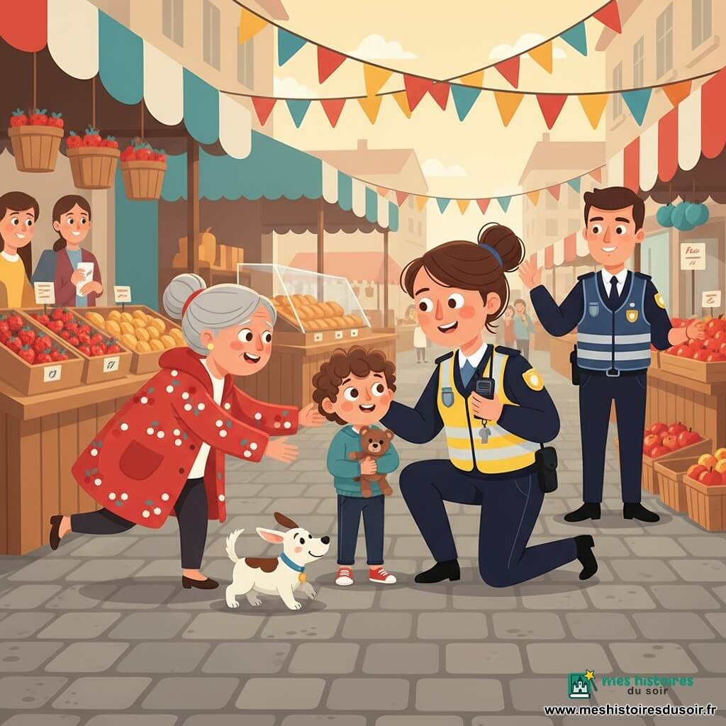 Une policière souriante et bienveillante, cheveux châtain en chignon, gilet jaune fluorescent sur veste bleue, s'agenouille pour rassurer Malo, un garçon de 6 ans aux cheveux bouclés tenant une peluche et commençant à sourire ; Mamie Renée, environ 70 ans en manteau rouge à motifs de cerises, arrive en courant, soulagée, bras ouverts, tandis que Tom, collègue policier la trentaine en gilet bleu, parle dans sa radio en surveillant la scène ; le petit chien blanc Pistache remue la queue au pied de Mamie. Le tout se déroule dans un marché de rue coloré aux étals de fraises et de pains, banderoles et stand de pommes, sol pavé et lumière douce de fin d'après-midi, ambiance chaleureuse et rassurante.