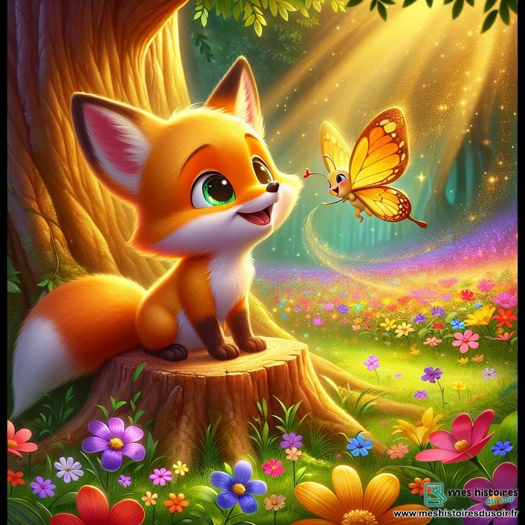 Un petit renard nommé Rémi, avec une fourrure orangée et de grands yeux curieux, est assis sur une souche d'arbre, souriant. Il est entouré de fleurs colorées qui dansent au vent, symbolisant la magie de la forêt. Un papillon doré, Lila, vole autour de lui et se pose sur son museau, partageant un moment de complicité. Le décor est une forêt enchantée, baignée de lumière dorée, avec des arbres majestueux et un champ de fleurs multicolores. En arrière-plan, une cascade scintillante crée une mélodie douce. Rémi découvre le refuge magique des fleurs et respire leur parfum apaisant, tandis que Lila lui explique comment ces merveilles apportent force et joie, illustrant l'espoir et le courage face à la maladie.