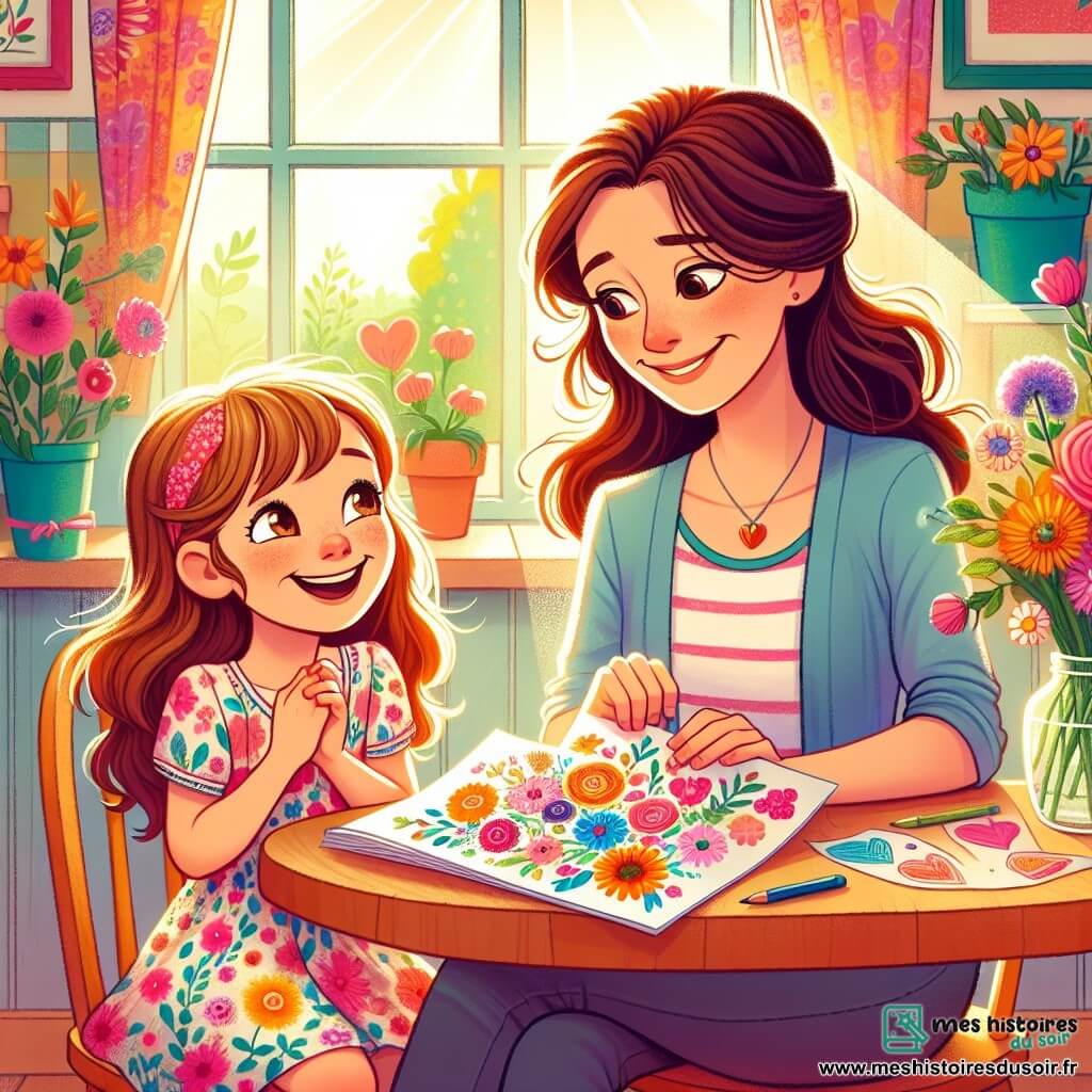 Lila, une petite fille de 6 ans aux longs cheveux bruns et aux yeux pétillants, est assise à une table en bois dans une cuisine lumineuse. Elle porte une robe colorée à fleurs et sourit en tenant un dessin de fleurs et de cœurs, fait pour la fête des mères. À côté d'elle, sa maman, une femme d'environ 30 ans avec des cheveux châtains, est assise sur une chaise, émue par le cadeau. La cuisine est remplie de couleurs vives, avec des rayons de soleil filtrant à travers la fenêtre et un petit vase de fleurs sur la table. Lila présente fièrement son dessin à sa maman, créant un moment tendre et joyeux.