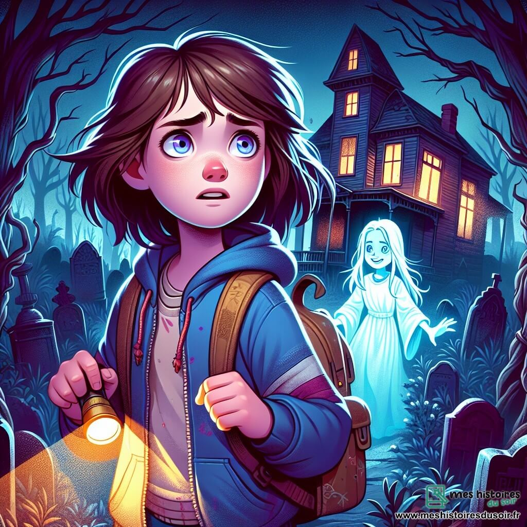 Une fille de 10 ans, Margot, se tient devant une vieille maison hantée, ses yeux brillants de curiosité et d'appréhension. Elle a des cheveux châtains ébouriffés et porte un sweat à capuche bleu ainsi qu'un sac à dos usé. Son visage exprime détermination et légère peur, tenant une lampe de poche. À l'arrière-plan, un fantôme translucide, Émilie, une fillette aux longs cheveux blonds et à la robe blanche, apparaît près d'une fenêtre brisée, souriant doucement pour rassurer Margot. Le lieu est un cimetière sombre avec des pierres tombales anciennes, des arbres noueux et une brume légère, créant une atmosphère inquiétante. Margot, hésitante mais courageuse, s'approche de la maison hantée, prête à découvrir ses secrets, tandis qu'Émilie l'observe avec bienveillance, l'encourageant à avancer dans la nuit mystérieuse.