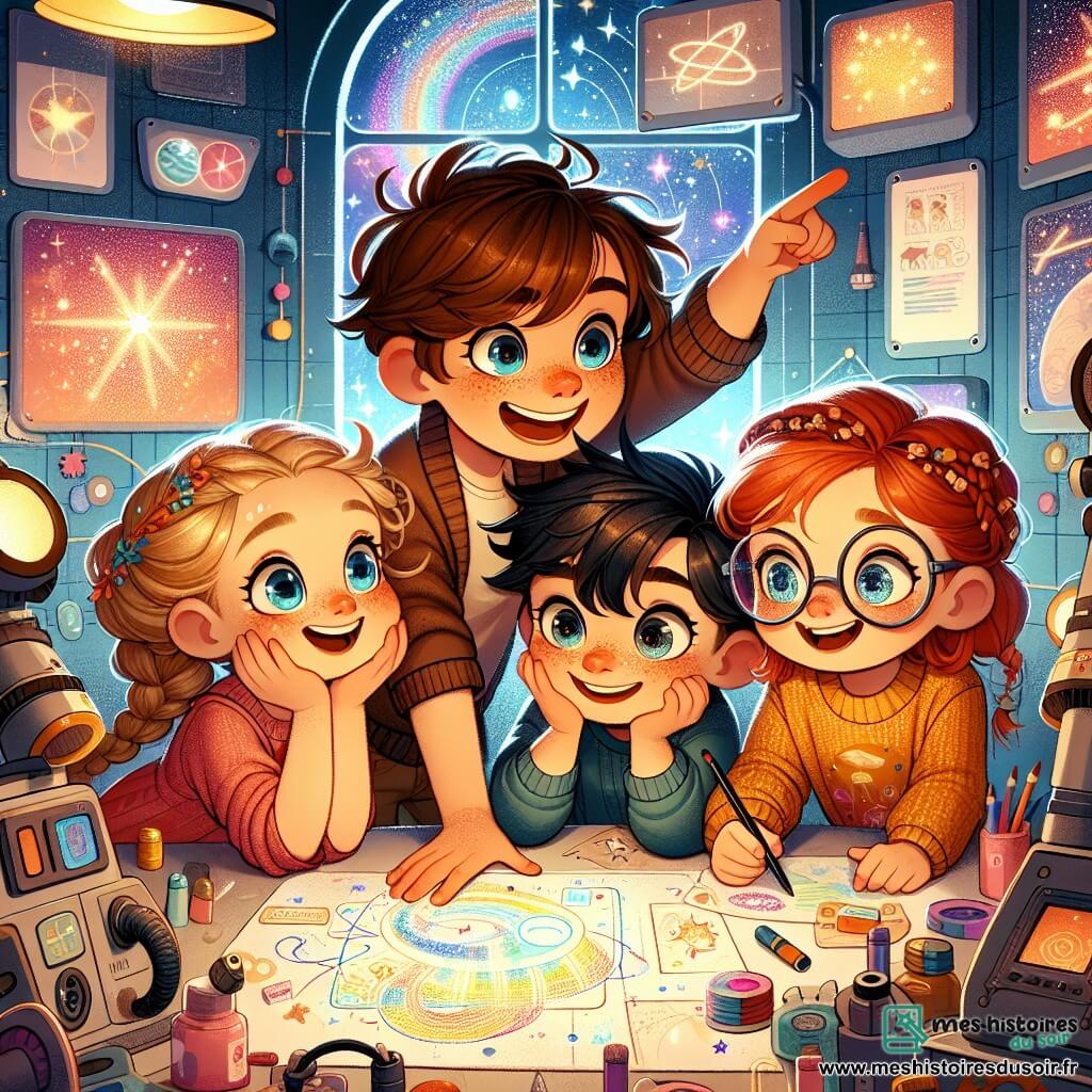 Dans un laboratoire coloré de la Station des Étoiles Brillantes, quatre enfants curieux se tiennent ensemble. Léo, cinq ans, avec des cheveux bruns en désordre, pointe une lumière mystérieuse à travers un hublot. À côté, Emma, aux cheveux blonds tressés, regarde avec émerveillement. Lucas, aux lunettes rondes et cheveux noirs, tient un livre d'histoires, tandis que Mia, aux cheveux roux et taches de rousseur, dessine. Le laboratoire est rempli d'écrans lumineux et d'instruments scientifiques étranges. Les enfants déchiffrent un message d'une lumière clignotante dans le ciel, se demandant si c'est une invitation d'extraterrestres amicaux, dans une atmosphère d'excitation et de curiosité.