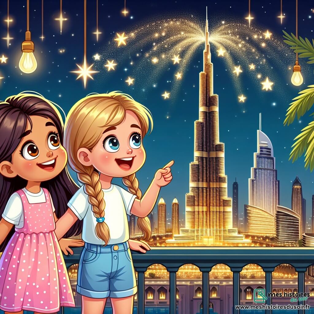Deux filles de six ans, Luna et Mia, se tiennent sur un balcon, émerveillées par les lumières scintillantes de Dubaï. Luna a de longs cheveux bruns et porte une robe rose à pois blancs, tandis que Mia a des cheveux blonds en tresses avec un t-shirt jaune et un short en jean. En arrière-plan, la tour Burj Khalifa s'élève, illuminée par des lumières dorées, sous un ciel bleu étoilé. Elles partagent un moment de joie, fascinées par le spectacle magique.
