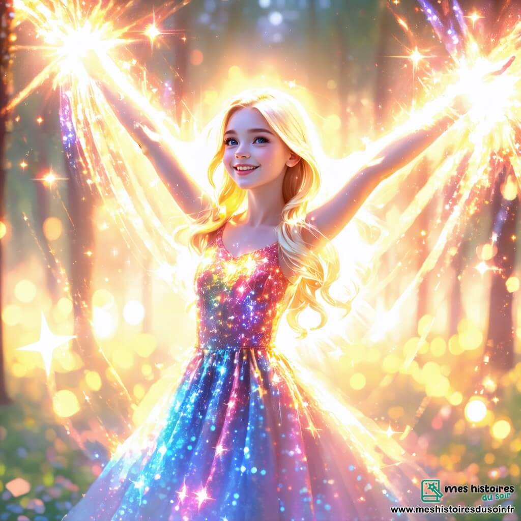 Lili Luminelle est une jeune femme aux longs cheveux blonds, portant une robe colorée qui scintille. Elle a des yeux bleus pleins de détermination et un sourire chaleureux. Elle se tient dans un parc illuminé, levant les bras vers le ciel, créant des formes lumineuses autour d'elle, pleine de joie. À ses côtés, Clara, une petite fille de 8 ans avec des cheveux frisés, admire Lili en sautillant, tandis qu'un hibou sage, Maître Plume, les observe. Le parc est vibrant de couleurs, avec des arbres majestueux, des fleurs multicolores et une ambiance festive. Lili utilise ses pouvoirs pour créer des éclats de lumière, apportant joie et espoir aux habitants de Lumièreville, avec Clara et Maître Plume à ses côtés pour célébrer la victoire de la lumière sur l'obscurité.