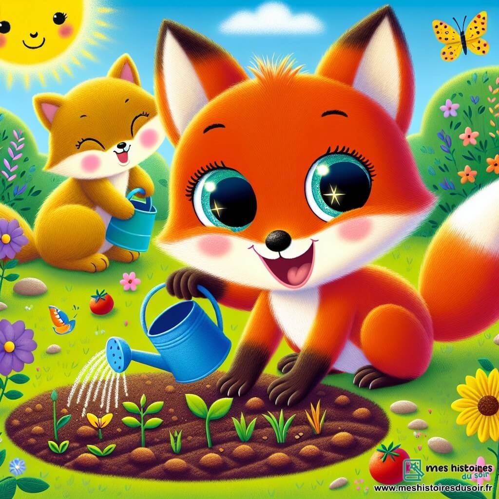 Un petit renard roux nommé Félix, avec de grands yeux pétillants et un sourire joyeux, plante des graines dans un jardin ensoleillé. Son pelage est brillant et sa queue touffue est levée avec enthousiasme. À côté de lui, sa maman, une renarde au pelage doré, l'observe avec fierté, tenant un arrosoir bleu. Le jardin est rempli de terre fraîche, de petites pousses vertes et de fleurs colorées sous le doux soleil printanier. Des papillons volent autour, ajoutant une touche de magie. Félix et sa maman travaillent ensemble, remplis d'excitation et d'espoir, pour créer un lieu de beauté et de joie.