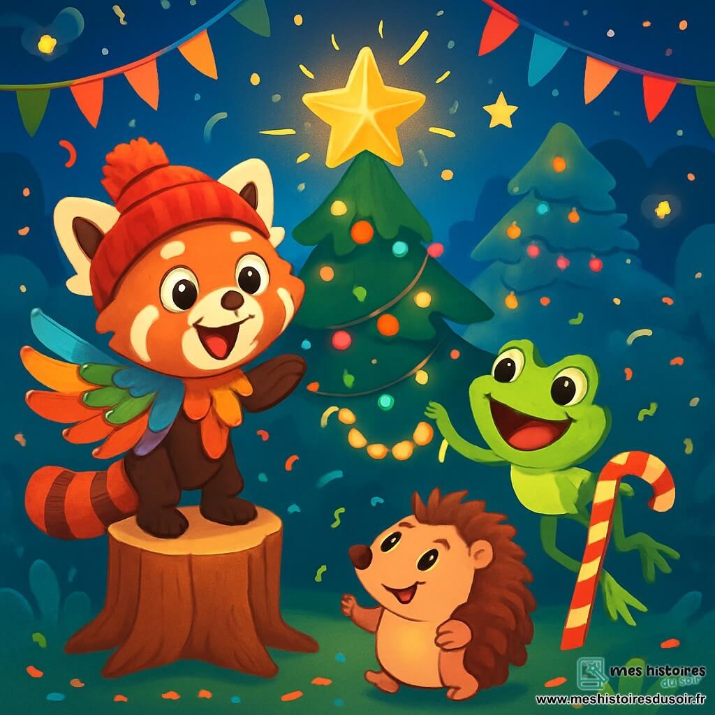 Un petit panda roux nommé Boubou est perché sur une souche en bois, avec un grand sourire. Ses yeux brillent d'excitation et il porte un bonnet rouge et une cape de plumes colorées. À côté de lui, Lili la grenouille, avec sa peau verte et ses grands yeux, saute de joie en tenant une guirlande scintillante. Archibald le hérisson, avec son dos piquant, sourit en tenant une échelle en sucre d'orge. La scène se déroule dans la clairière enchantée de la Forêt du Crépuscule, illuminée par des lucioles et décorée de guirlandes. Au centre se trouve un grand sapin magique surmonté d'une Étoile du Nouvel An. Boubou, Lili et Archibald préparent la fête du Nouvel An, entourés de confettis et de rires, prêts à réaliser un vœu magique.