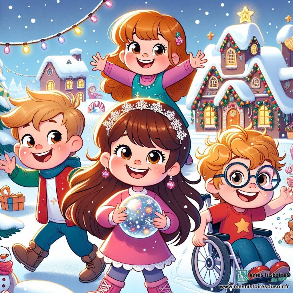 Clara, une fillette de cinq ans aux longs cheveux bruns et aux yeux pétillants, sourit en tenant une boule de cristal. À sa droite, Max, un garçon aux cheveux blonds en bataille et t-shirt rouge, lève les bras avec enthousiasme. À sa gauche, Lila, avec des cheveux bouclés et une robe rose, rit en faisant des boules de neige. Hugo, un garçon de six ans en fauteuil roulant et portant des lunettes, sourit en tenant une guirlande de Noël. Le décor est un village féérique enneigé avec des maisons en pain d'épices décorées et des flocons de neige tombant. Les enfants jouent dans la neige, découvrant la joie de Noël et l'esprit de partage.