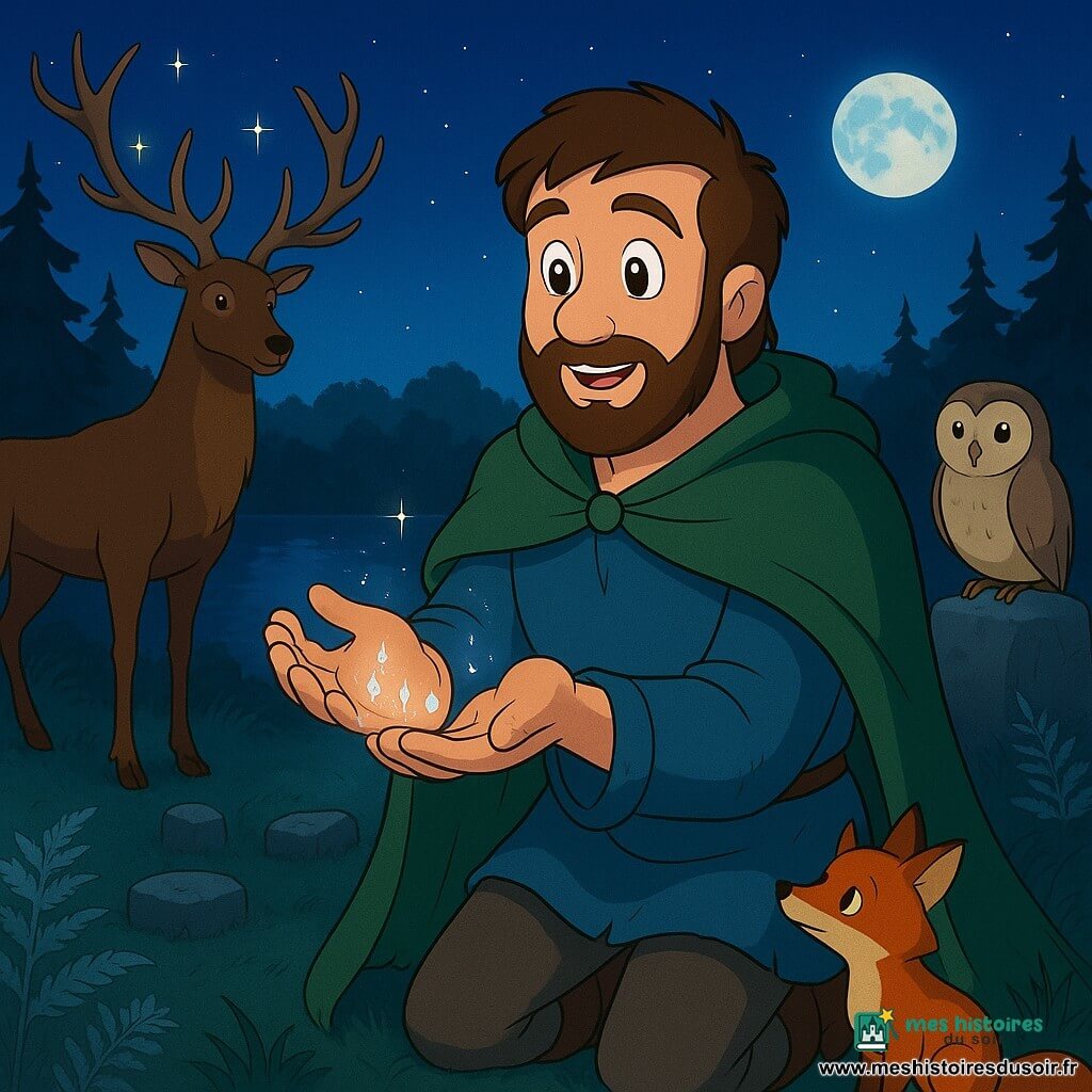 Arik, visage doux et barbu, regarde émerveillé, yeux brillants et léger sourire, tenant dans ses mains ouvertes des gouttes argentées scintillantes ; il porte une tunique bleue usée, bottes en cuir marron et une cape verte flottant au vent. À gauche, un cerf majestueux aux bois parés de petites lumières étoiles veille depuis l'orée des arbres ; à droite, un renard roux curieux est assis dans les hautes herbes, la tête penchée vers les gouttes. Une chouette ronde au plumage beige et aux yeux jaunes est perchée sur une pierre basse derrière lui. La scène se déroule dans une clairière nocturne au bord d'un lac miroir, eau calme reflétant la pleine lune et les constellations, pierres anciennes formant un cercle, fougères argentées et légère brume au sol. Lumière douce et froide de la lune contrastant avec la chaleur dorée des gouttes ; atmosphère magique et sereine, couleurs profondes (bleu nuit, vert sapin, argent étincelant), textures visibles (bois, pierre, eau lisse). Composition centrée sur Arik et ses mains scintillantes, perspective légèrement en contre-plongée pour magnifier le cerf et le cercle de pierres.