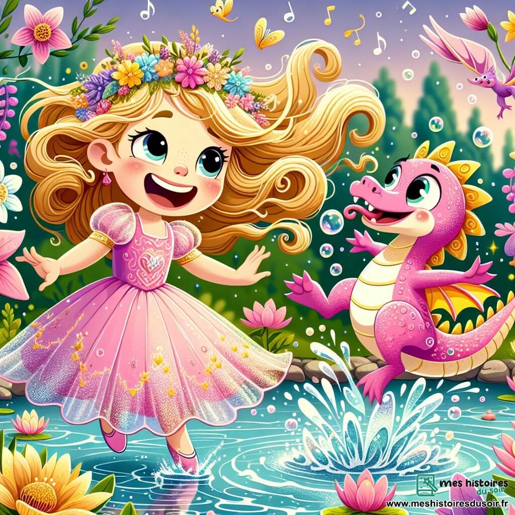 Dans un jardin magique, la princesse Élodie, âgée d'environ 8 ans, avec de longs cheveux dorés et une robe rose scintillante, rit en sautant dans un lac cristallin. À ses côtés, un petit dragon rose, avec des moustaches en bonbon, essaie de s'envoler mais tombe dans l'eau. Le jardin est rempli de fleurs chantantes et de grenouilles dansantes, créant une ambiance joyeuse. Élodie et le dragon sautent ensemble dans le lac, éclaboussant de l'eau, illustrant un moment de bonheur et d'amitié.