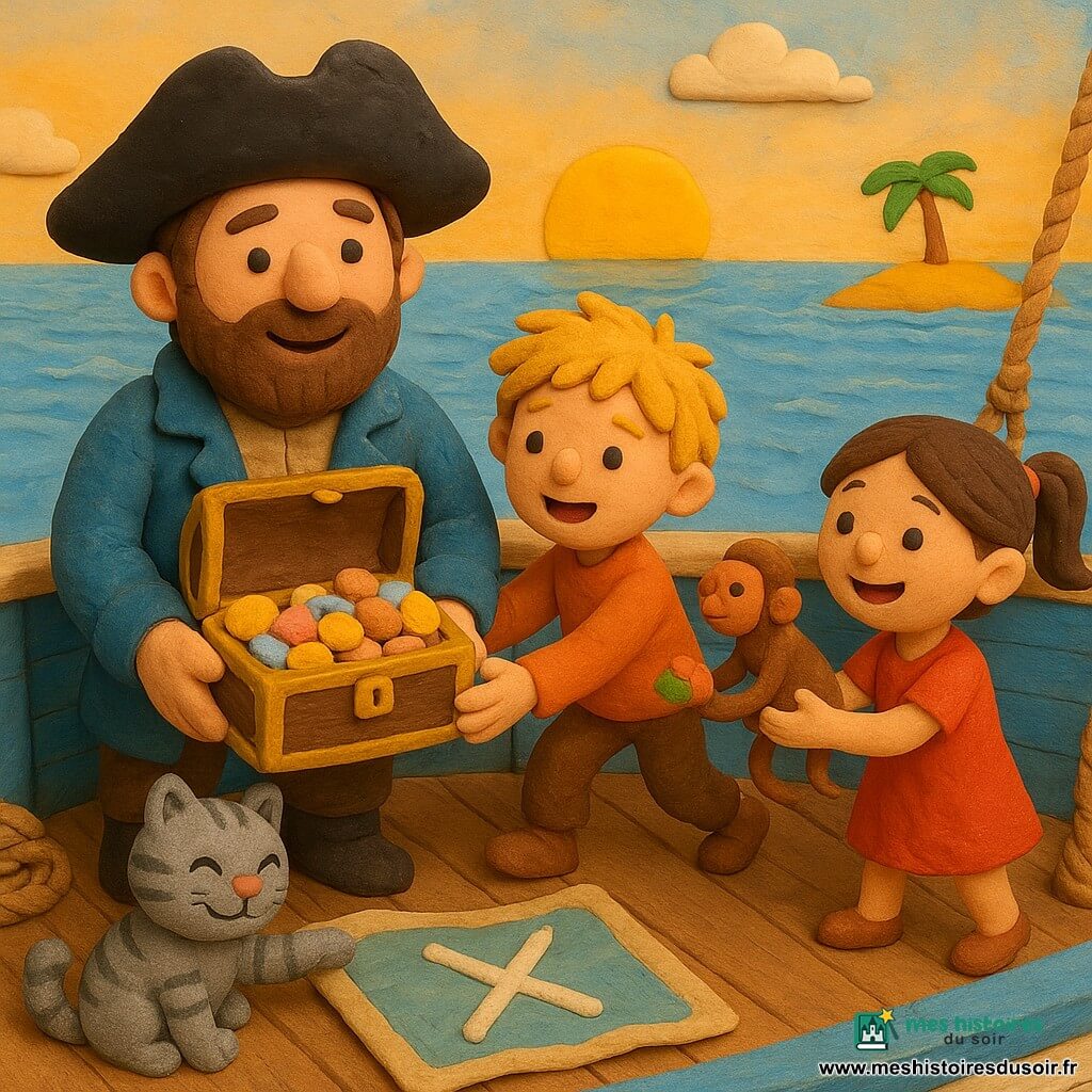 Le capitaine Luc, souriant et rassurant, porte un grand chapeau noir, une veste bleue usée et une barbe courte; il tient un coffre brillant sorti de l'eau pendant qu'un garçon de 8 ans, équipier aux cheveux blonds en bataille et aux yeux curieux, aide à le tirer vers le centre du bateau; une fille de 6 ans, équipière aux cheveux bruns en couette et en robe rouge simple, tend une pomme à un petit singe sur la rambarde en riant; un chat marin gris rayé, ronronnant, est posé sur une carte ouverte, patte levée vers un X tracé au crayon blanc; tout se passe sur le pont d'un bateau en bois peint bleu et blanc avec planches texturées et cordages, au loin une petite île dorée aux palmiers, mer calme et soleil bas; la scène montre le capitaine et les enfants partageant un trésor de coquillages et de biscuits, gestes amicaux, expressions chaleureuses, ambiance tranquille et joyeuse aux couleurs chaudes et textures lisses de pâte à modeler.