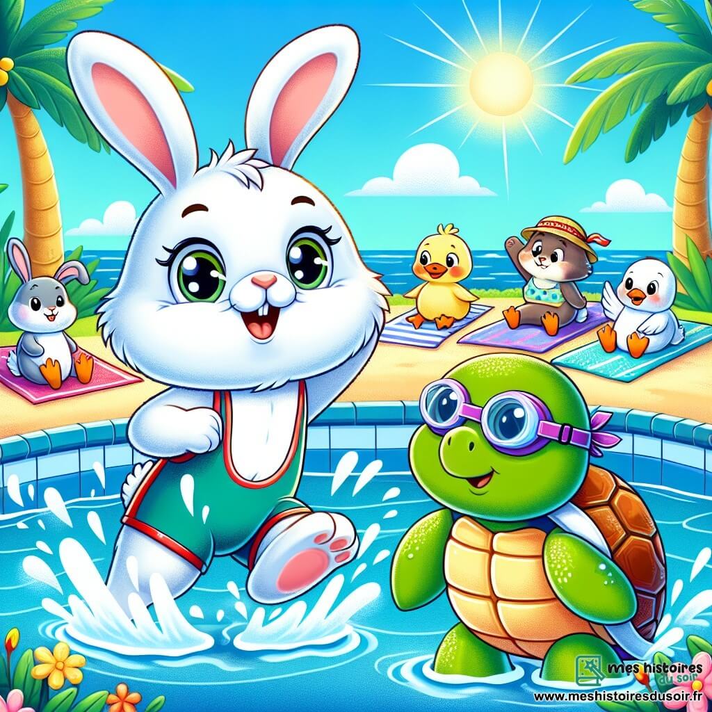 Léon, un petit lapin au pelage blanc et aux grandes oreilles, nage joyeusement dans une piscine bleue, ses yeux pétillants d'excitation. Il éclabousse l'eau en battant des pattes avec énergie. À côté, Mademoiselle Tortue, une tortue sage avec une carapace verte et des lunettes de natation, l'encourage en applaudissant. La piscine est entourée de palmiers et de fleurs colorées sous un ciel ensoleillé, créant une ambiance estivale. Des animaux comme un canard et un hérisson regardent avec admiration. La scène montre Léon prêt à relever le défi de nager le plus vite.