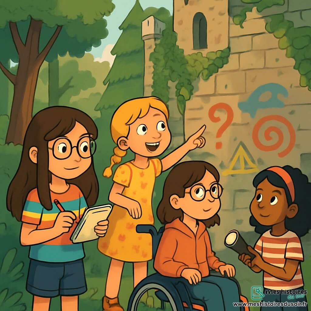 Quatre enfants explorent un vieux château en pierre recouvert de lierre dans une forêt dense. Émilie, 10 ans, avec des cheveux bruns et des lunettes, prend des notes. Lucie, 9 ans, aux cheveux blonds tressés, pointe un symbole sur le mur. Clara, 10 ans, en fauteuil roulant, observe les graffitis. Samira, 9 ans, avec des cheveux noirs bouclés, éclaire la scène avec une lampe de poche. L'atmosphère est mystérieuse et magique, avec des rayons de soleil filtrant à travers les arbres.