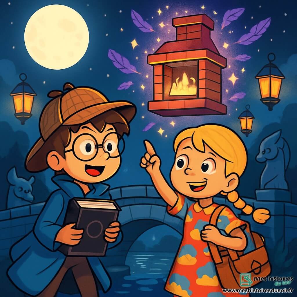 Il y a deux personnages principaux : Maxime, un garçon de 9 ans aux cheveux bruns en bataille et lunettes rondes, portant un chapeau de détective trop grand et un manteau bleu, se tient à gauche, les yeux écarquillés d’excitation, tenant un grimoire noir. Lili, une fille de 9 ans avec des cheveux blonds tressés et une robe colorée à motifs de nuages, sourit malicieusement et porte un sac rempli de grimoires, se tenant à droite de Maxime et pointant vers une cheminée flottante. L'action se déroule sur le vieux Pont du Chapeau, illuminé par une lumière lunaire argentée, entouré de lanternes magiques et de statues de créatures fantastiques. Maxime et Lili découvrent la cheminée magique, prête à les entraîner dans une nouvelle aventure, affichant curiosité et détermination.