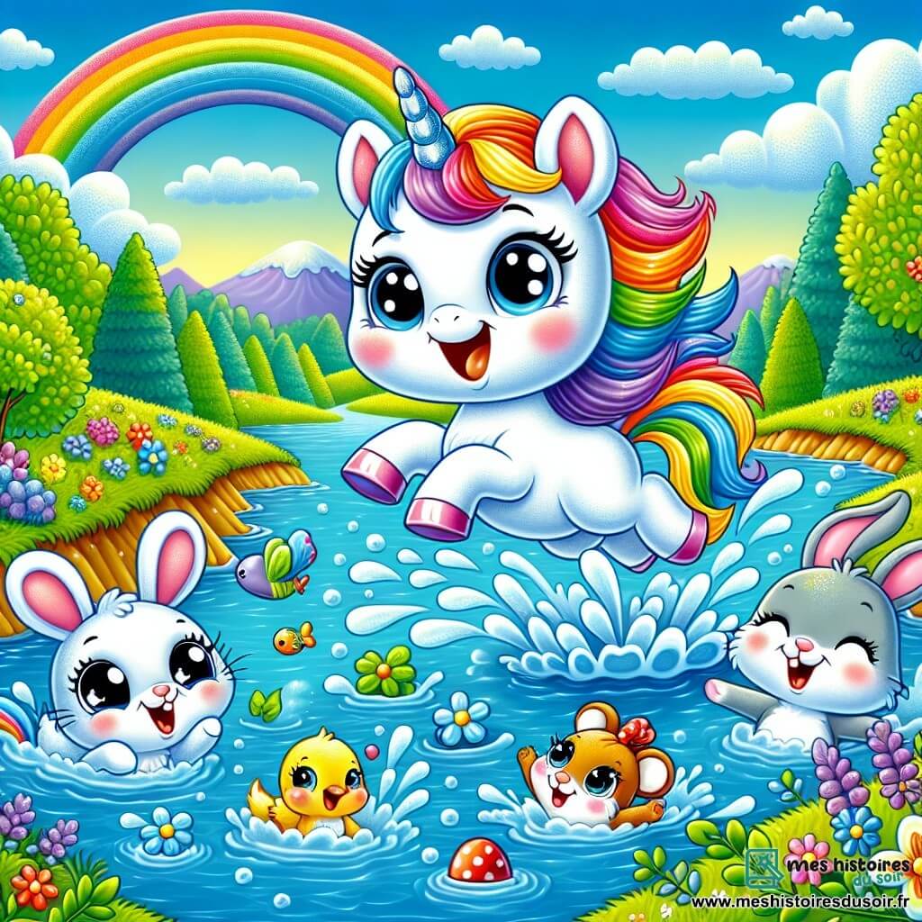 Au centre de l'image, une licorne nommée Lili, avec une crinière arc-en-ciel, saute dans une rivière claire, éclaboussant l'eau. À gauche, Léo le lapin rit en nageant près d'elle. À droite, Mimi la souris fait des bulles d'eau avec un grand sourire. En arrière-plan, une forêt magique avec des arbres verts, des fleurs colorées et un ciel bleu. La scène montre Lili et ses amis jouant joyeusement dans l'eau lors d'une belle journée d'été.