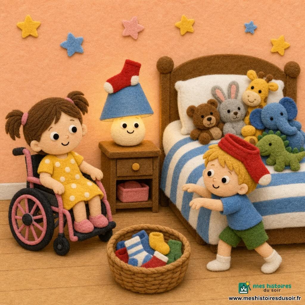 Trois personnages dans une chambre d’enfant en feutrine au sol bois clair : Lila, 3 ans, petite fille en fauteuil rose à roues, cheveux bruns en couette, robe à pois jaunes, assise à gauche du lit et souriante en regardant Tom ; Tom, 3 ans, petit garçon debout à droite du lit, cheveux blonds, chaussette rouge sur la tête, bras en avant comme un crabe, marchant en petits pas vers le lit ; Monsieur Lampe, lampe de chevet ronde à abat-jour bleu portant une chaussette comme chapeau sur la table de nuit entre Lila et le lit, légèrement penchée et brillant doucement. Le grand lit a une couette rayée blanche et bleue, peluches en tas et panier à chaussettes en osier près du fauteuil ; murs couleur pêche avec étoiles en feutrine. Scène calme et drôle du dodo, couleurs douces, formes simples, textures feutrine visibles et expressions accueillantes.