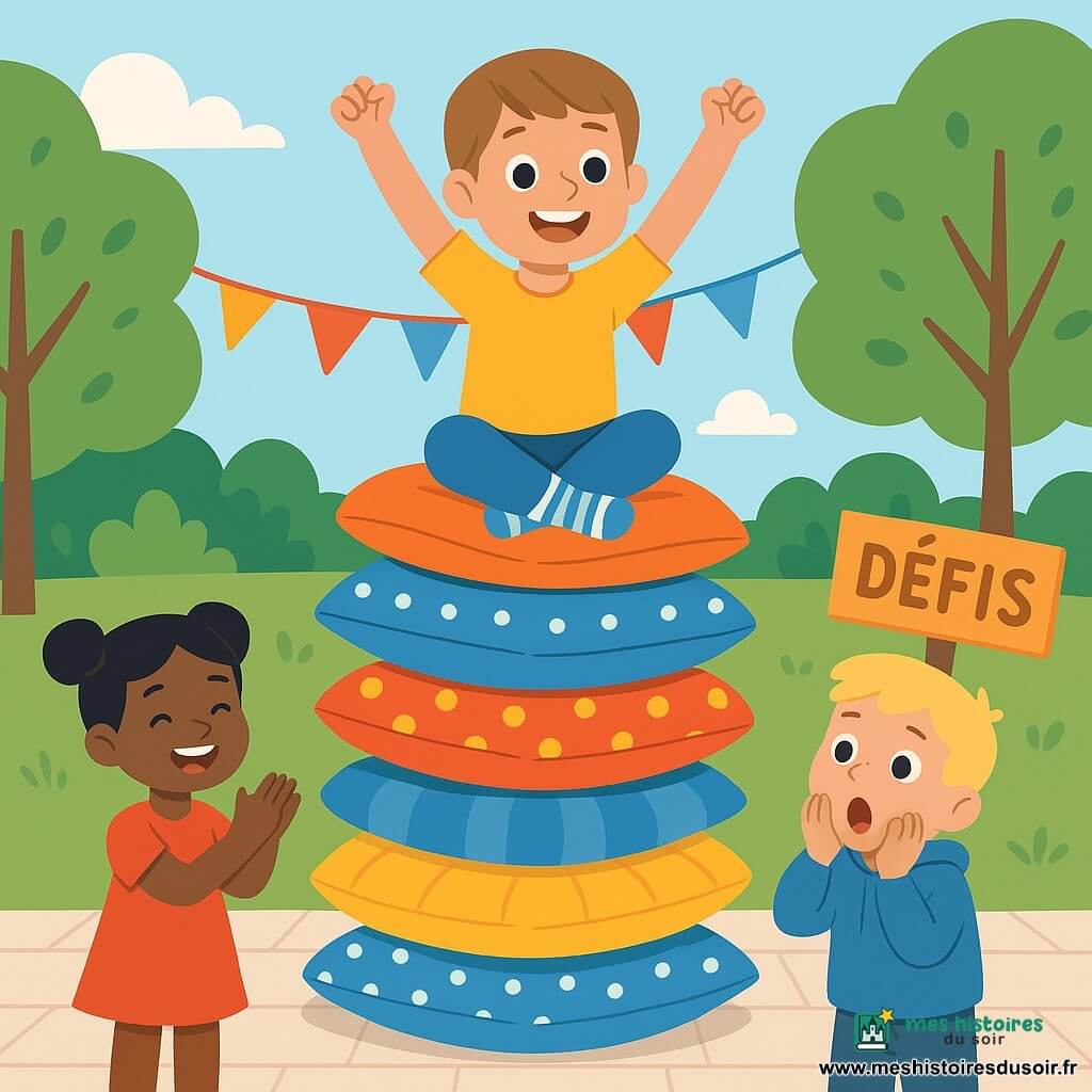 Noé, 6 ans, cheveux châtain clair courts, yeux pétillants, souriant et fier, en t‑shirt jaune et chaussettes rayées, est assis au sommet d’une pile de coussins multicolores, bras levés. En bas à gauche, une fille de 5 ans aux cheveux noirs en deux couettes, en robe rouge, applaudit joyeuse. À droite, un garçon d’environ 7 ans, cheveux blonds en sweat bleu, bouche ouverte et mains sur les joues, regarde surpris. Décor : parc lumineux avec pelouse verte, arbres stylisés, fanions et panneaux colorés « Défis », sol en dalles pastel. Ambiance festive autour de la montagne de coussins ronds et carrés, motifs pois et rayures, couleurs vives.